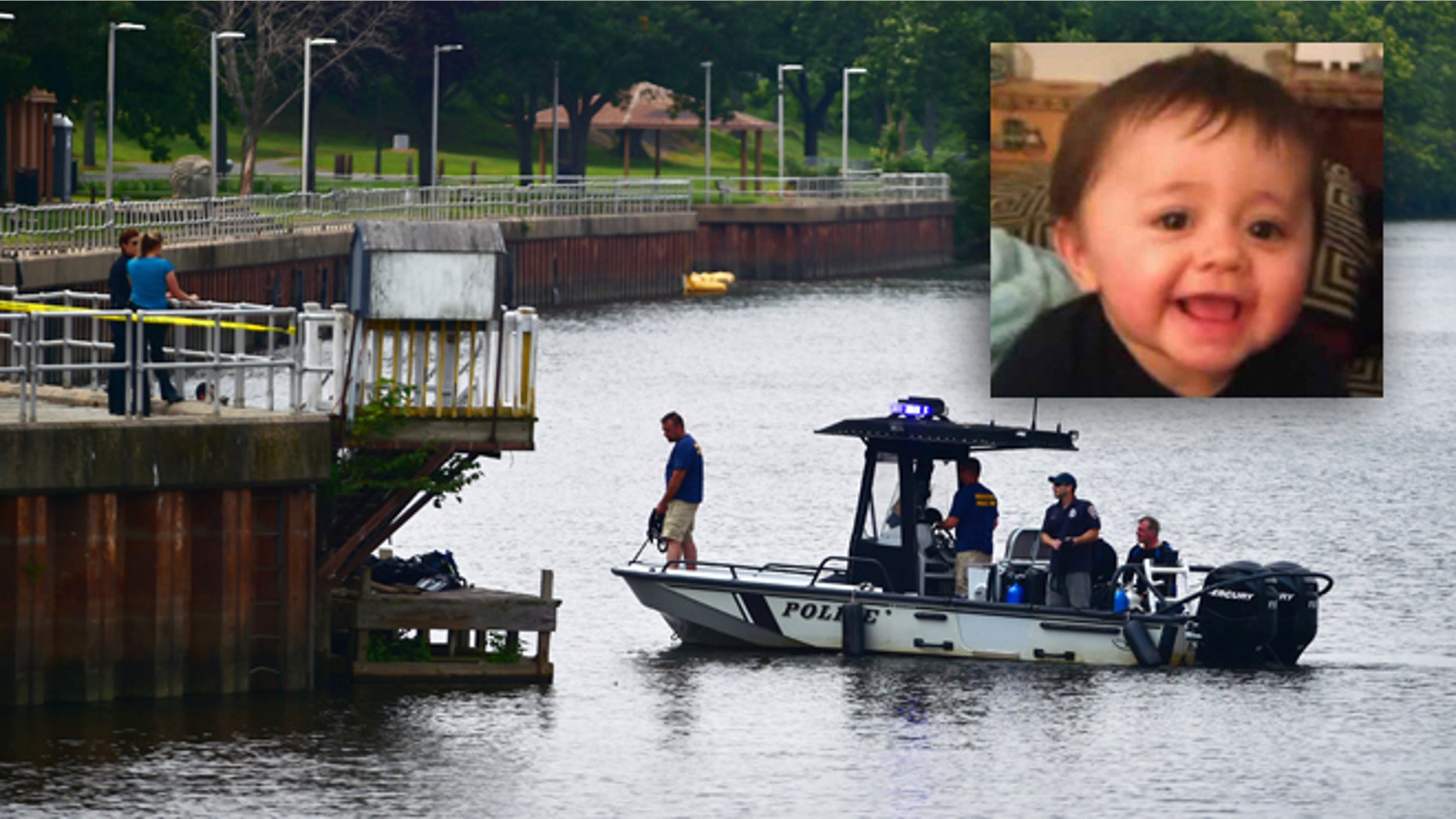 Authorities continue a search of the Connecticut River for a missing child, Monday, July 6, 2015, in Middletown, Conn. Police issued an alert Monday for 7-month-old Aaden Moreno, who may have been with his father when the man jumped from the Arrigoni Bridge Sunday night. (Catherine Avalone/The New Haven Register via AP) MANDATORY CREDIT