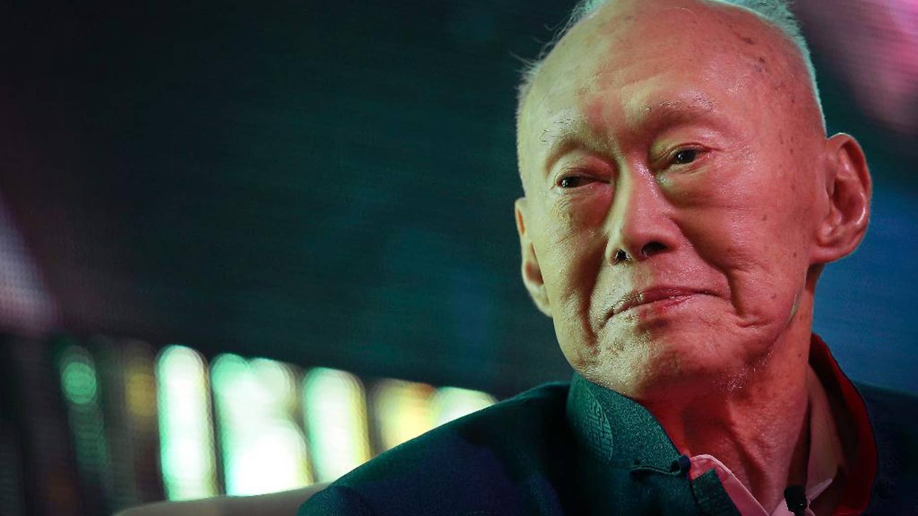 FILE - In this March 20, 2013 file photo, Singapore's first Prime Minister Lee Kuan Yew attends the Standard Chartered Singapore Forum in Singapore. The condition of Singapore's 91-year-old founding father, Lee, has worsened as he remains at the hospital where he has been treated for nearly six weeks, the government said Tuesday, March 17, 2015. (AP Photo/Wong Maye-E, File)