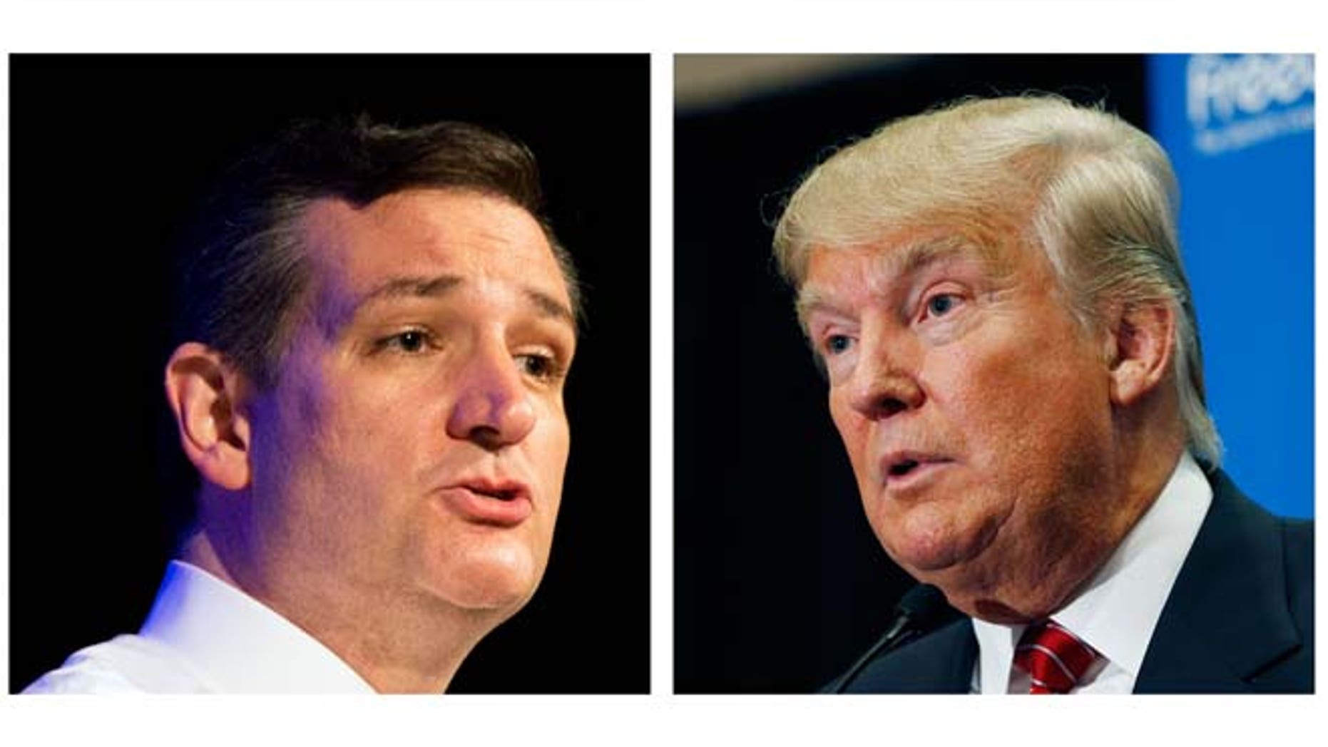 FILE - This two picture combo of file photos shows Republican presidential candidate, Sen. Ted Cruz, R-Texas, left, and Donald Trump. Two of the most outspoken Republican presidential candidates on illegal immigration, Cruz and Trump, are set to talk. Cruz, who requested the Wednesday meeting, told reporters at the Capitol that Trump "is bringing a bold, brash voice to this presidential race." (AP Photo/File)