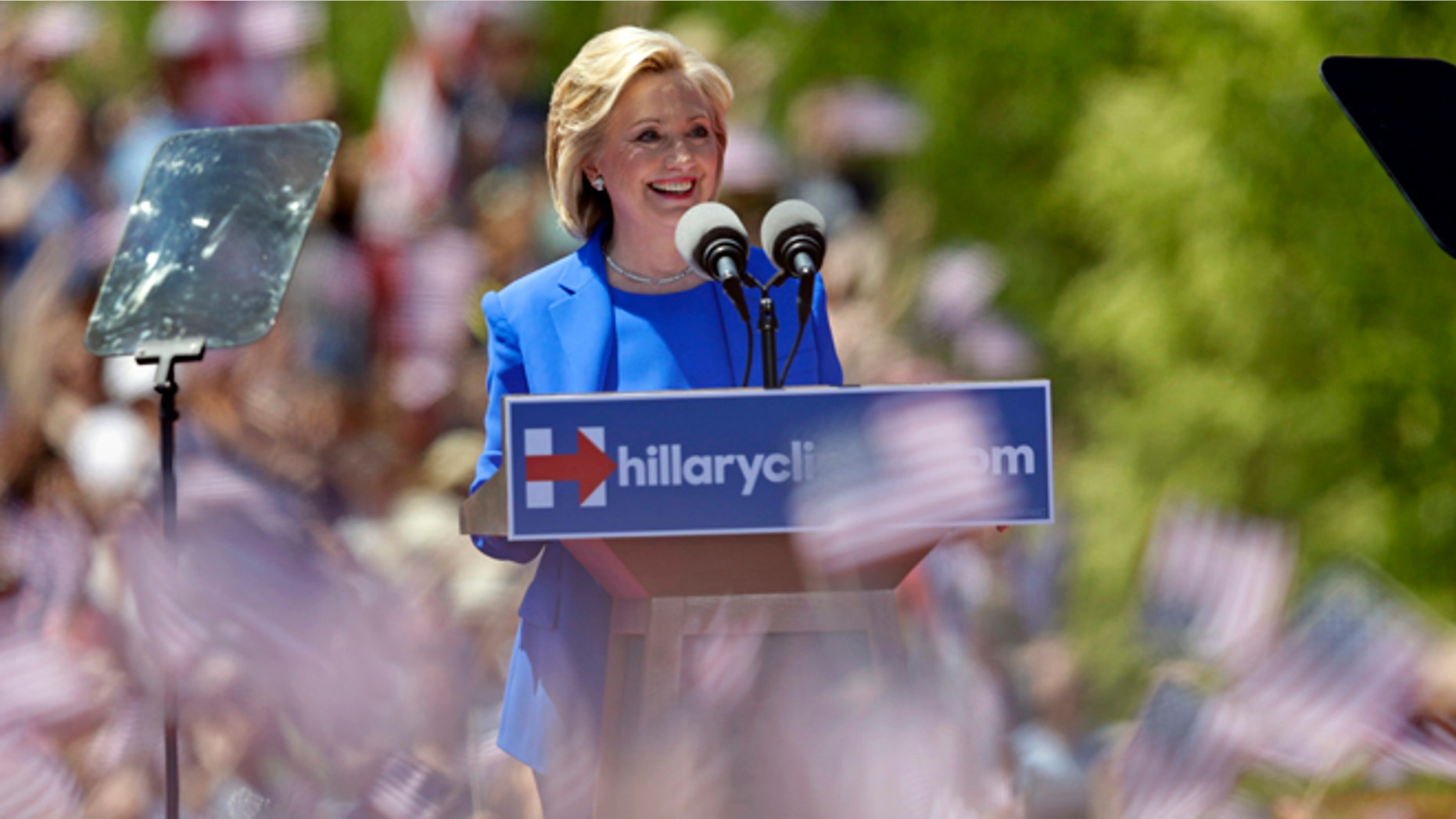 Democratic presidential candidate, former Secretary of State Hillary Rodham Clinton speaks to supporters Saturday, June 13, 2015, on Roosevelt Island in New York, in a speech promoted as her formal presidential campaign debut. (AP Photo/Frank Franklin II)