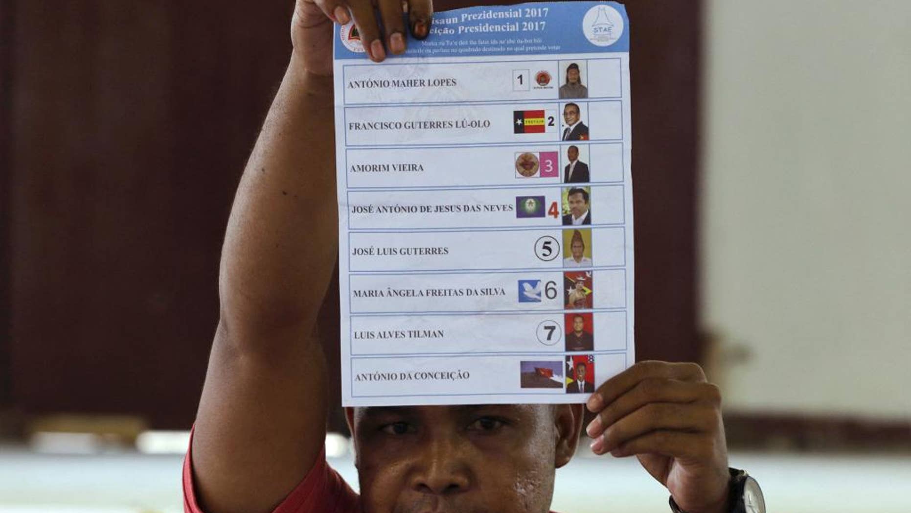 An election worker holds up a ballot during the presidential election's vote counting at a polling station in Dili, East Timor, Monday, March 20, 2017. East Timor voted for a new president Monday in an election that will test Asia's newest and poorest nation. (AP Photo/Kandhi Barnez)