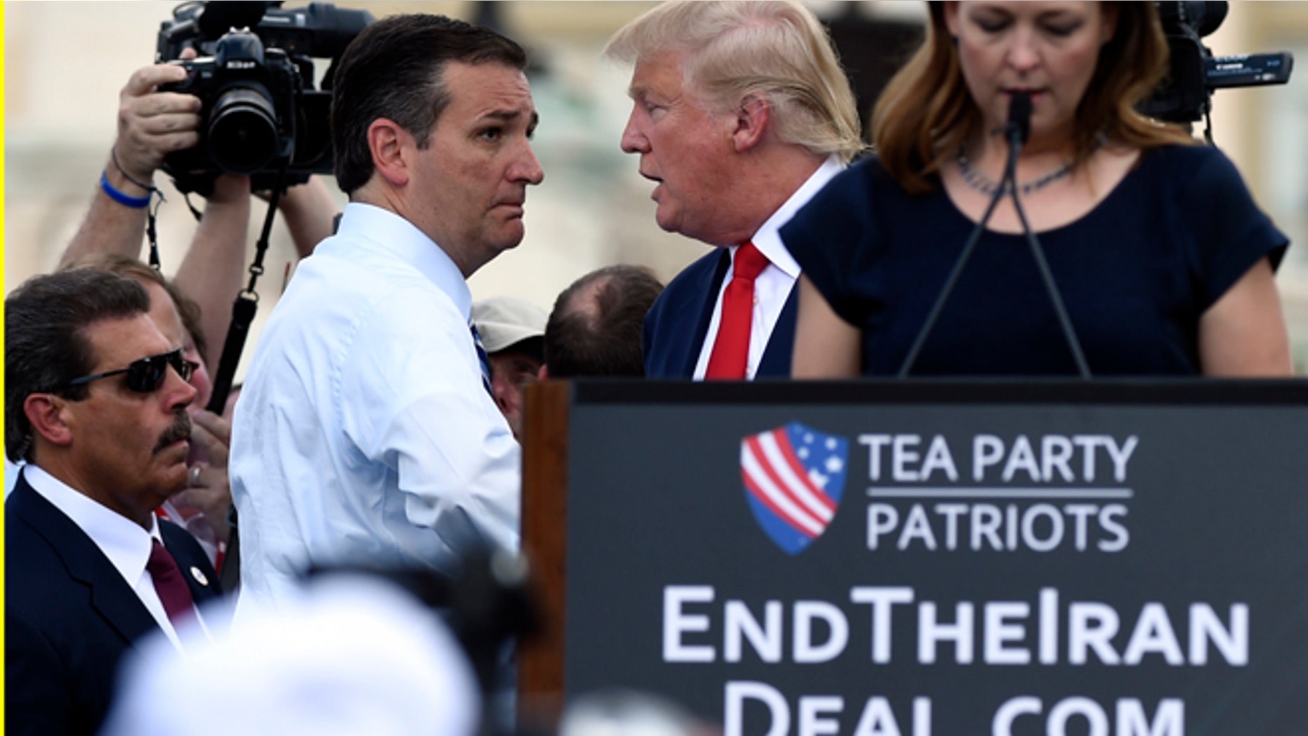 Sept. 9, 2015: GOP presidential candidates Donald Trump, cntr., and Texas Sen. Ted Cruz at Capitol Hill rally on Iran nuclear deal, Washington, D.C.