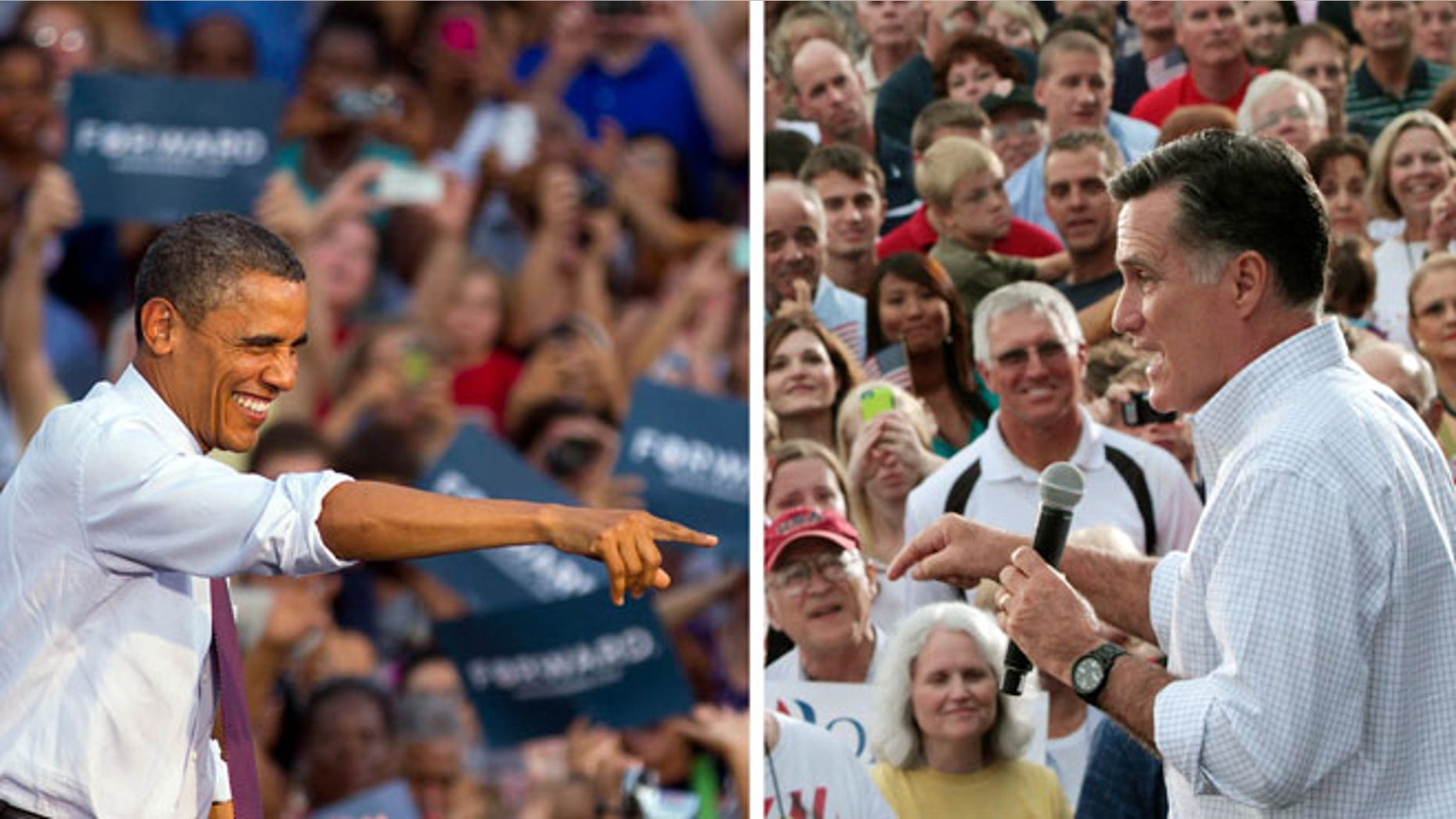 FILE - In these Aug. 2012 file photos, President Barack Obama and Republican presidential candidate, former Massachusetts Gov. Mitt Romney, right, campaign in swing states, Obama in Leesburg, Va., and Romney in Waukesha, Wis. The challenge for Obama and Romney is how to lay claim to the small but mightily important swath of the electorate, the undecided likely voter. With six hard-fought weeks left in the campaign, just 7 percent of likely voters have yet to pick a candidate, according to an Associated Press-GfK poll. (AP Photos)