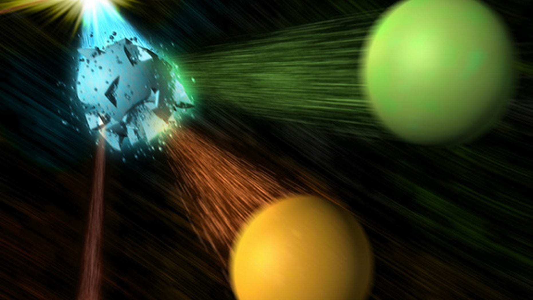This illustration shows a an electron and positron colliding, resulting in a B meson (not shown) and an antimatter B-bar meson, which then decays into a D meson and a tau lepton as well as a smaller antineutrino. In findings reported in June 20.