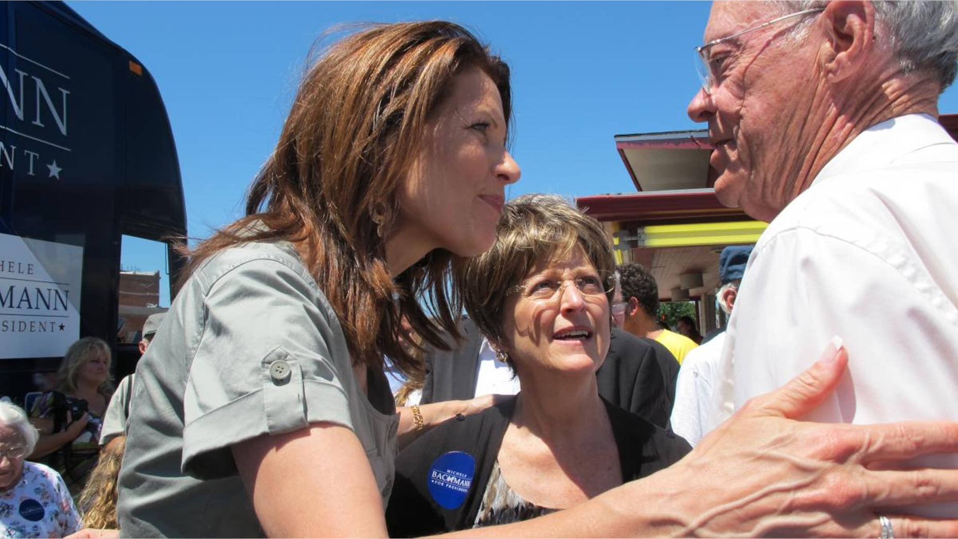 Minn. Rep. Michele Bachmann, left, greets supporters at a rally in Marshalltown, Iowa. (Fox News Photo)
