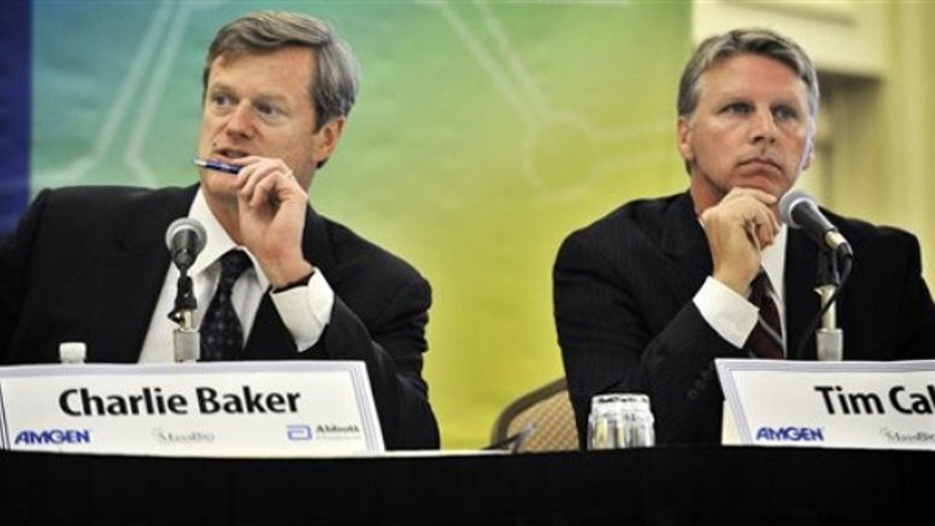 Monday: Gubernatorial candidates Republican Charles Baker and Independent Tim Cahill participate in a candidates' debate In Cambridge, Mass.