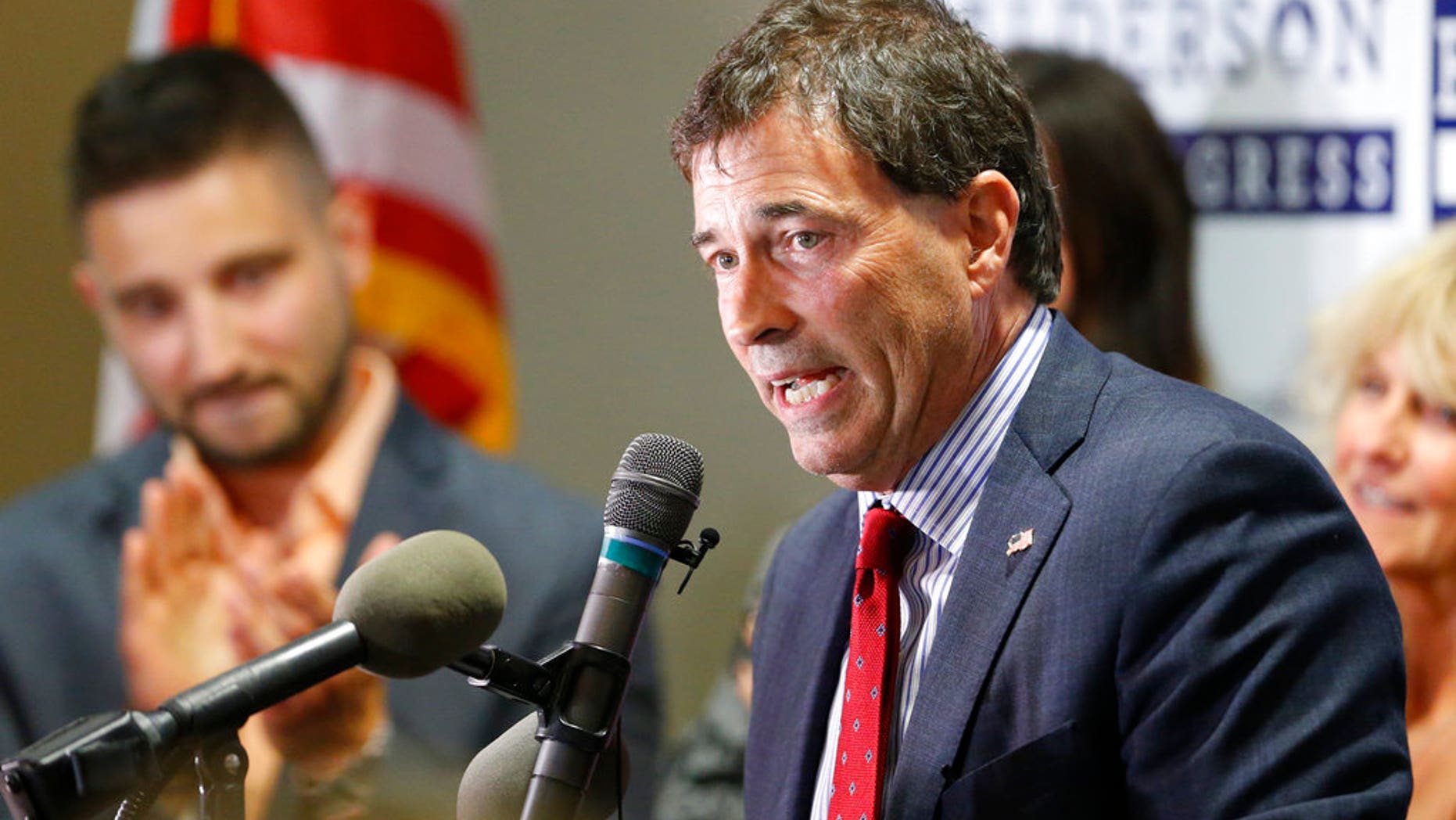 Troy Balderson, Republican candidate for Ohio's 12th Congressional District, speaks to a crowd of supporters during an election night party Tuesday, Aug. 7, 2018, in Newark, Ohio.