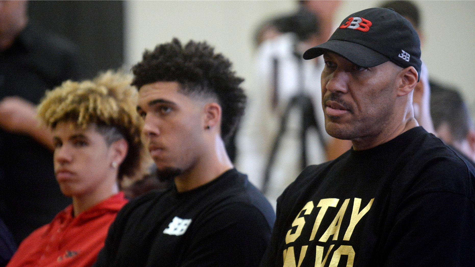 June 23, 2017; Los Angeles, CA, USA; LaVar Ball the father of newly drafted Los Angeles Lakers player Lonzo Ball with sons LaMelo Ball and LiAngelo Ball in attendance at Toyota Sports Center.