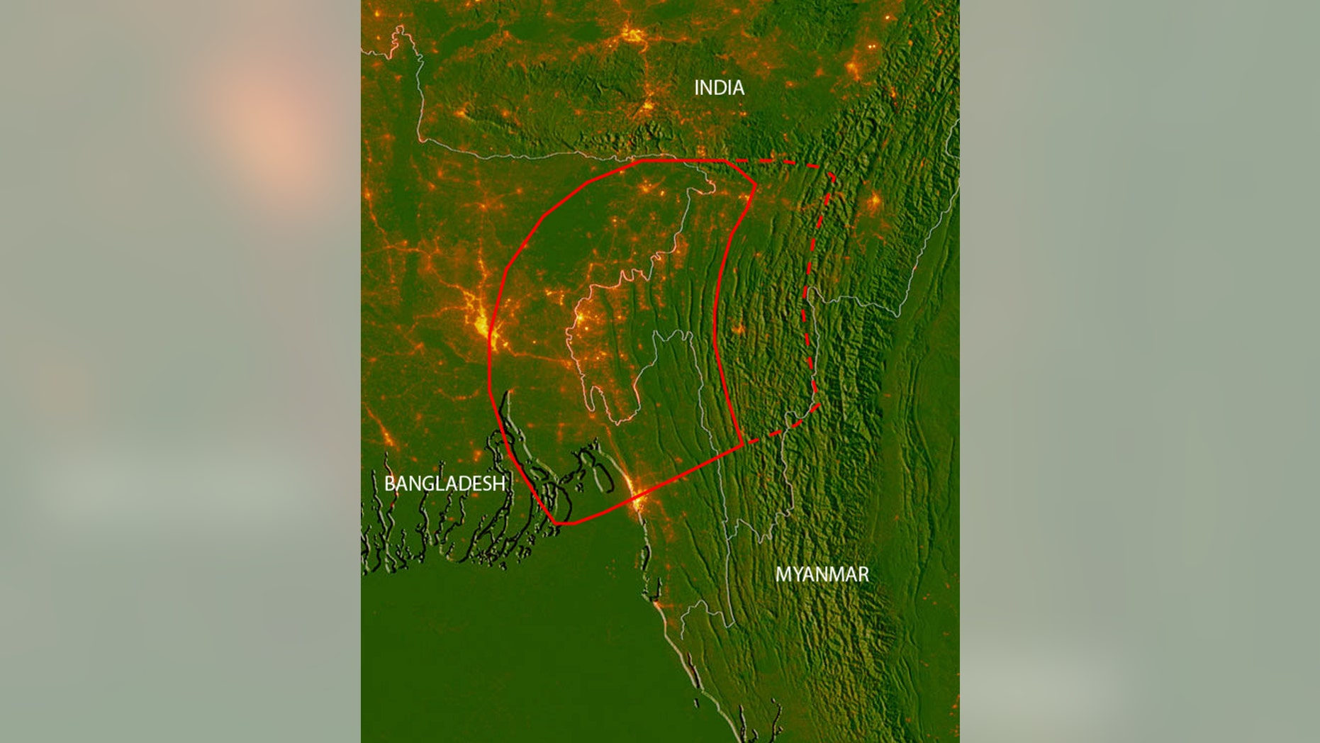 A subduction zone lying beneath Bangladesh, Myanmar and eastern India could release a massive magnitude 8.2 to 9.0 earthquake, new research suggests. The red line shows the areas where the fault is likely locked (the soli
