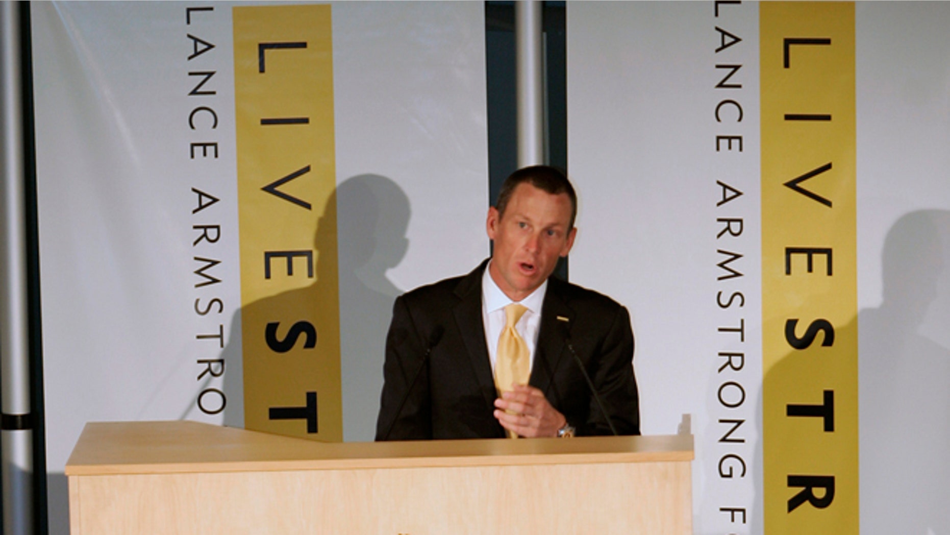 Jan. 19, 2009: This file photo shows Lance Armstrong speaking during the launch of the Livestrong Global Cancer campaign Royal Adelaide Hospital in Adelaide, Australia.