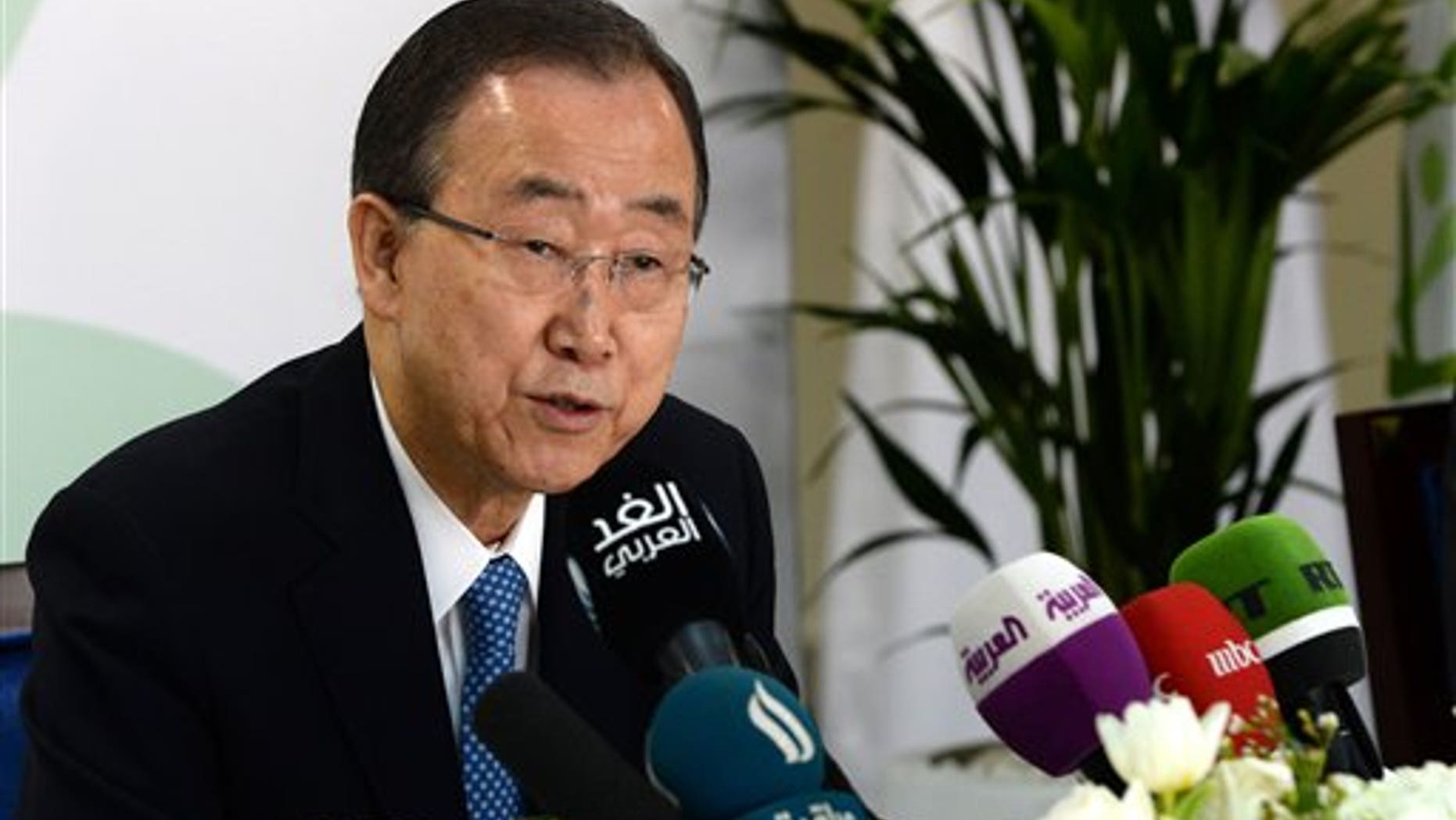 United Nations Secretary-General Ban Ki-moon speaks at a press conference ahead of the launch of the UNs report on humanitarian financing, in Dubai, United Arab Emirates, Sunday, Jan 17, 2016. (AP Photo/Martin Dokoupil)