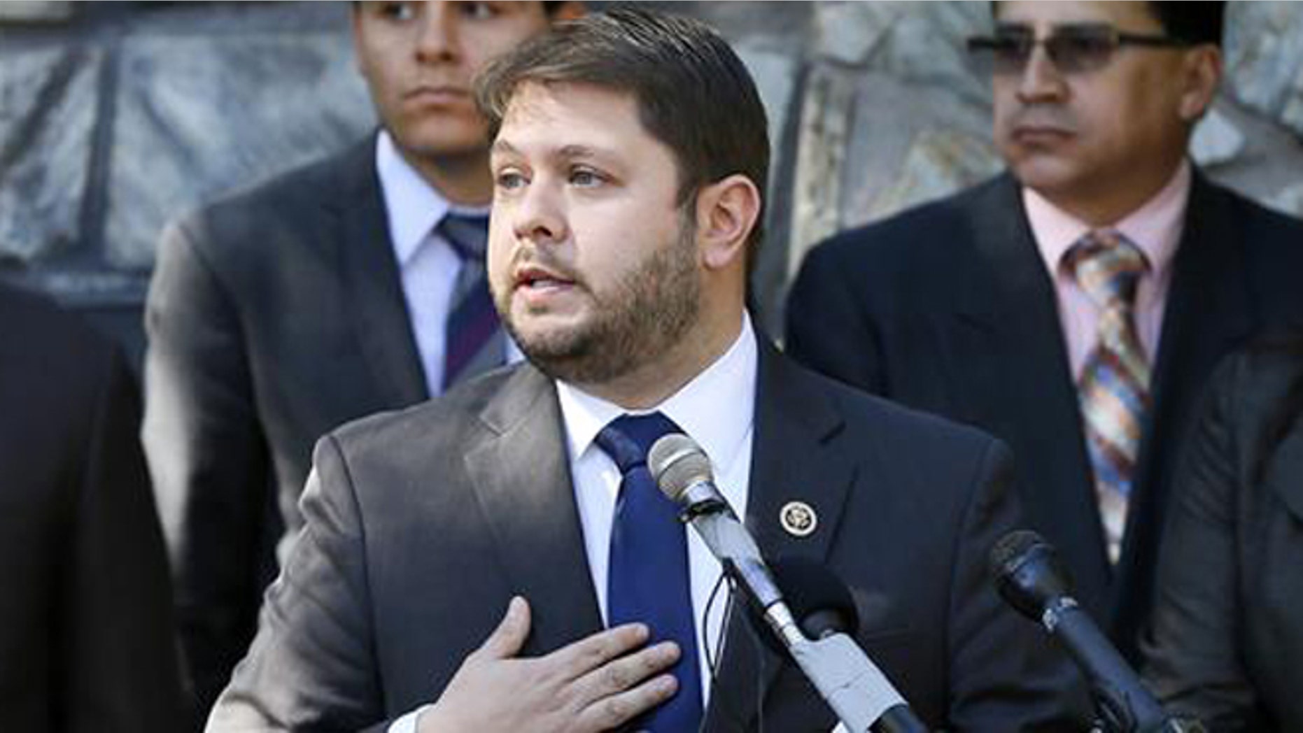 In this Feb. 17, 2015 file photo, Rep. Ruben Gallego, D-Ariz., speaks at an immigration rally in Phoenix. The Republican-led House on Thursday, June 16, 2016, narrowly defeated an attempt to bar young immigrants living in the country illegally to enlist in the armed forces, as opponents tied the measure to Donald Trump's presidential campaign. Gallego said: “I am glad to see that some Republicans are rejecting the tired, anti-immigrant policies promoted by the likes of Donald Trump."(AP Photo/Matt York, File)