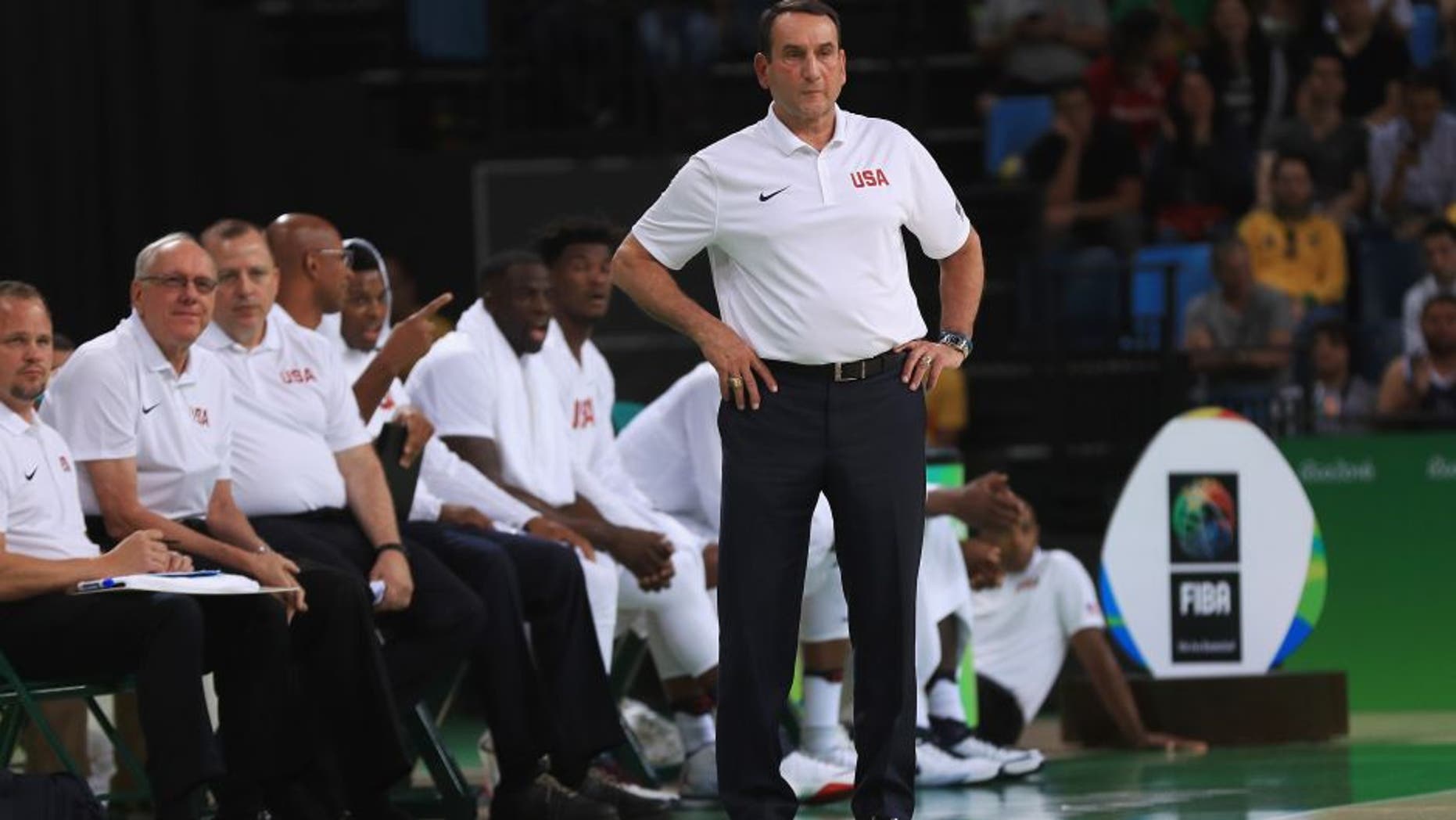 RIO DE JANEIRO, BRAZIL - AUGUST 08: Head coach Mike Krzyzewski of the United States basketball team looks on during the Men's Preliminary Round between the United States and Venezuela on Day 3 of the Rio 2016 Olympic Games at the Carioca Arena 1 on August 8, 2016 in Rio de Janeiro, Brazil. (Photo by Mike Ehrmann/Getty Images)
