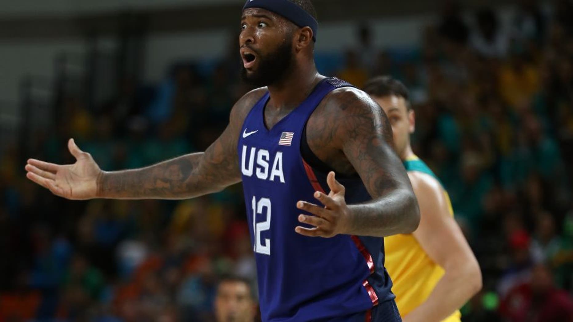 RIO DE JANEIRO, BRAZIL - AUGUST 10: Demarcus Cousins #12 of United States reacts during a Preliminary Round Basketball game between Australia and the United States on Day 5 of the Rio 2016 Olympic Games at Carioca Arena 1 on August 10, 2016 in Rio de Janeiro, Brazil. (Photo by Elsa/Getty Images)