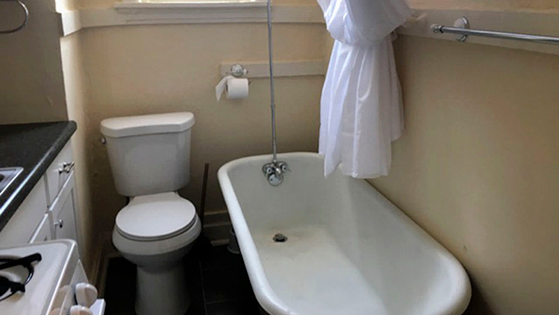 This photo from a rental ad provided by S.F. Shannon Real Estate Management LLC shows a toilet and bathtub in the kitchen of a 200-square-foot apartment in St. Louis.