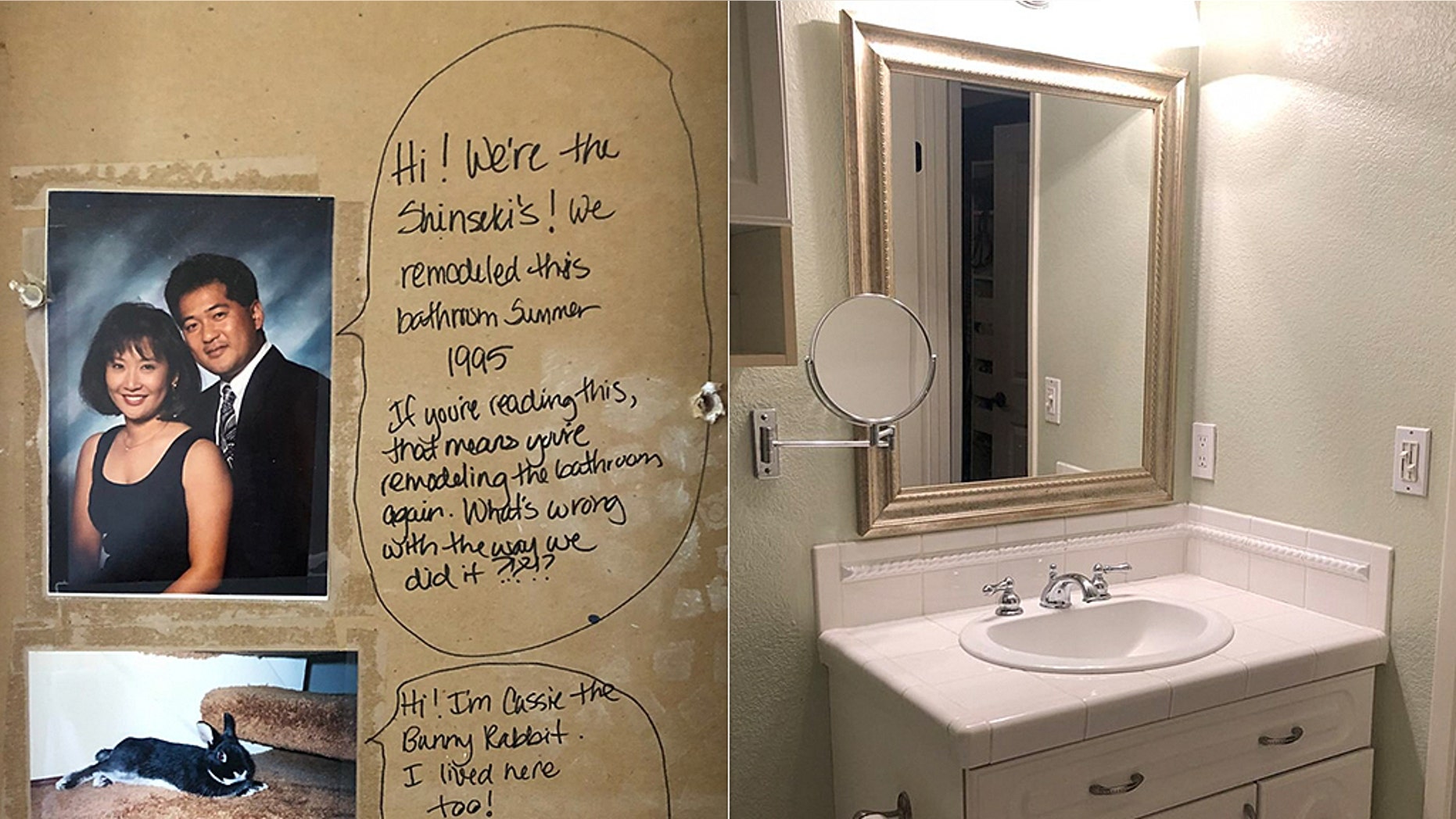 A couple in California found a surprising message (left) in their bathroom wall while remodeling.