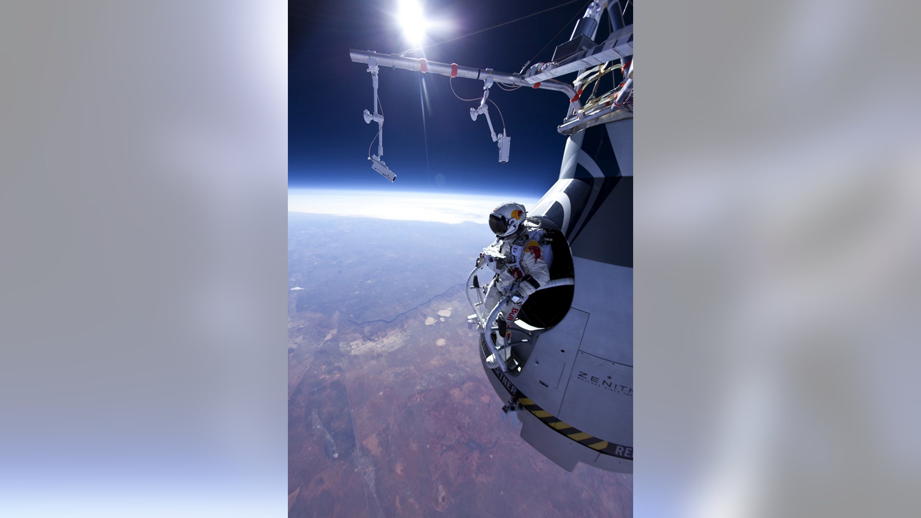 Austrian daredevil Felix Baumgartner gets set to leap from his capsule at an altitude of roughly 71,500 feet on March 15, 2012.