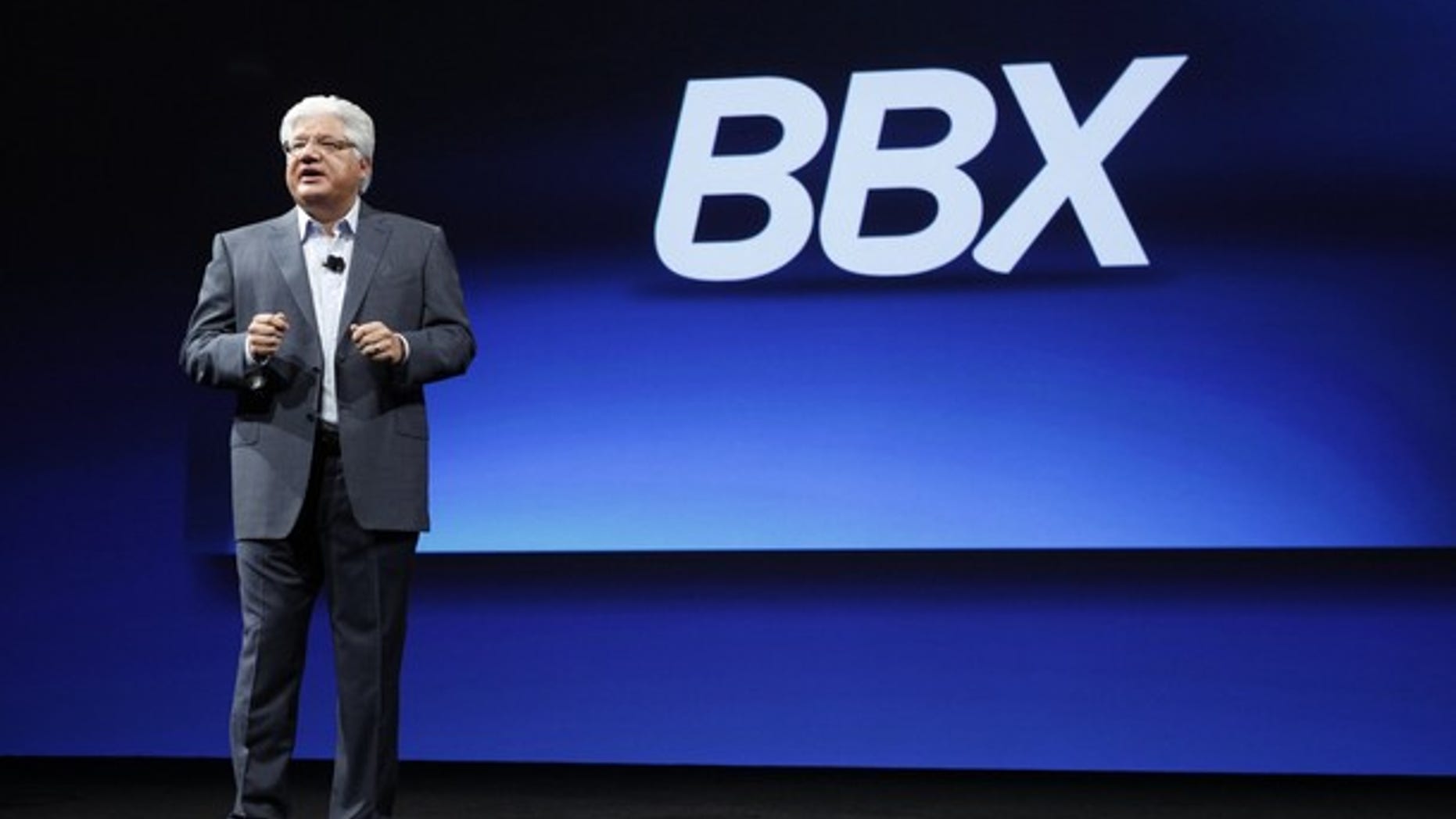 Mike Lazaridis, President and Co-CEO of Research In Motion, announces BBX, during BlackBerry's DevCon at the Moscone West Center in San Francisco, California, October 18, 2011.