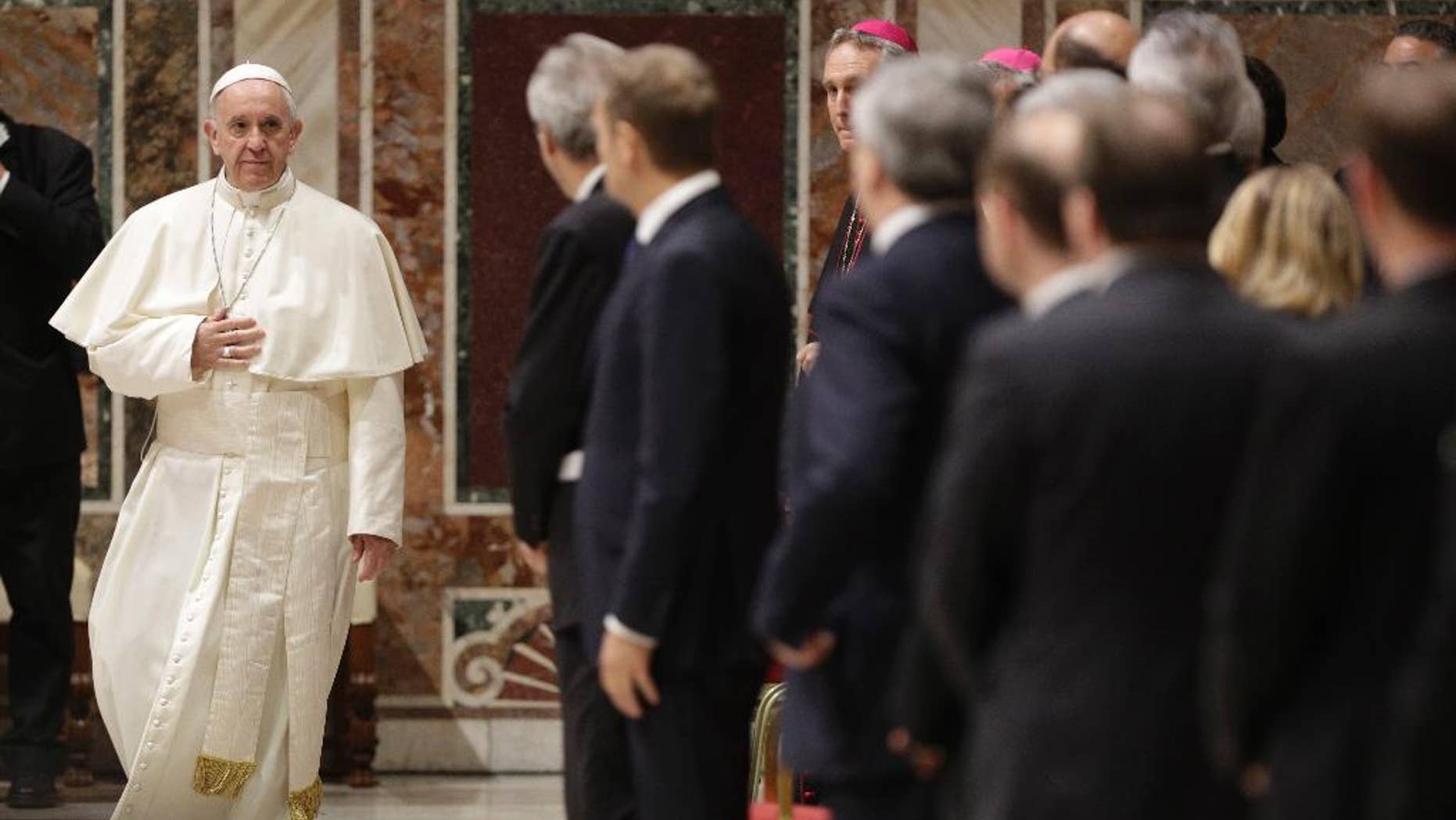 Pope Francis arrives for a meeting with European Union leaders, at the Vatican, Friday, March 24, 2017. Leaders of EU and heads of EU institutions were received by Pope Francis ahead of an EU anniversary summit. (AP Photo/Andrew Medichini/pool)