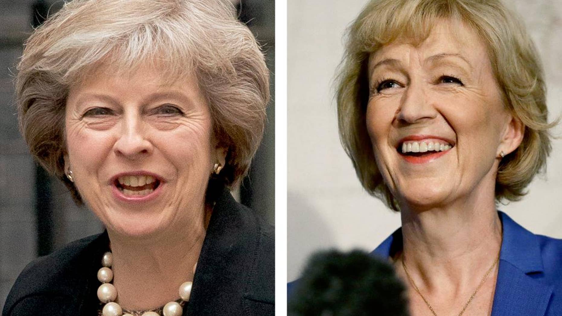 FILE - In this two photo combo, showing the two contenders to become the leader of the Conservative Party and assume the post of Britain's Prime Minister, with Theresa May, left, dated July 5, 2016, and Andrea Leadsom, right, dated July 4, 2016. Andrea Leadsom suggested in an interview published Saturday July 9, 2016, in national newspaper The Times, that her status as a mother gives her an advantage over rival Theresa May, who does not have children. (AP Photos / Matt Dunham, FILE combo)