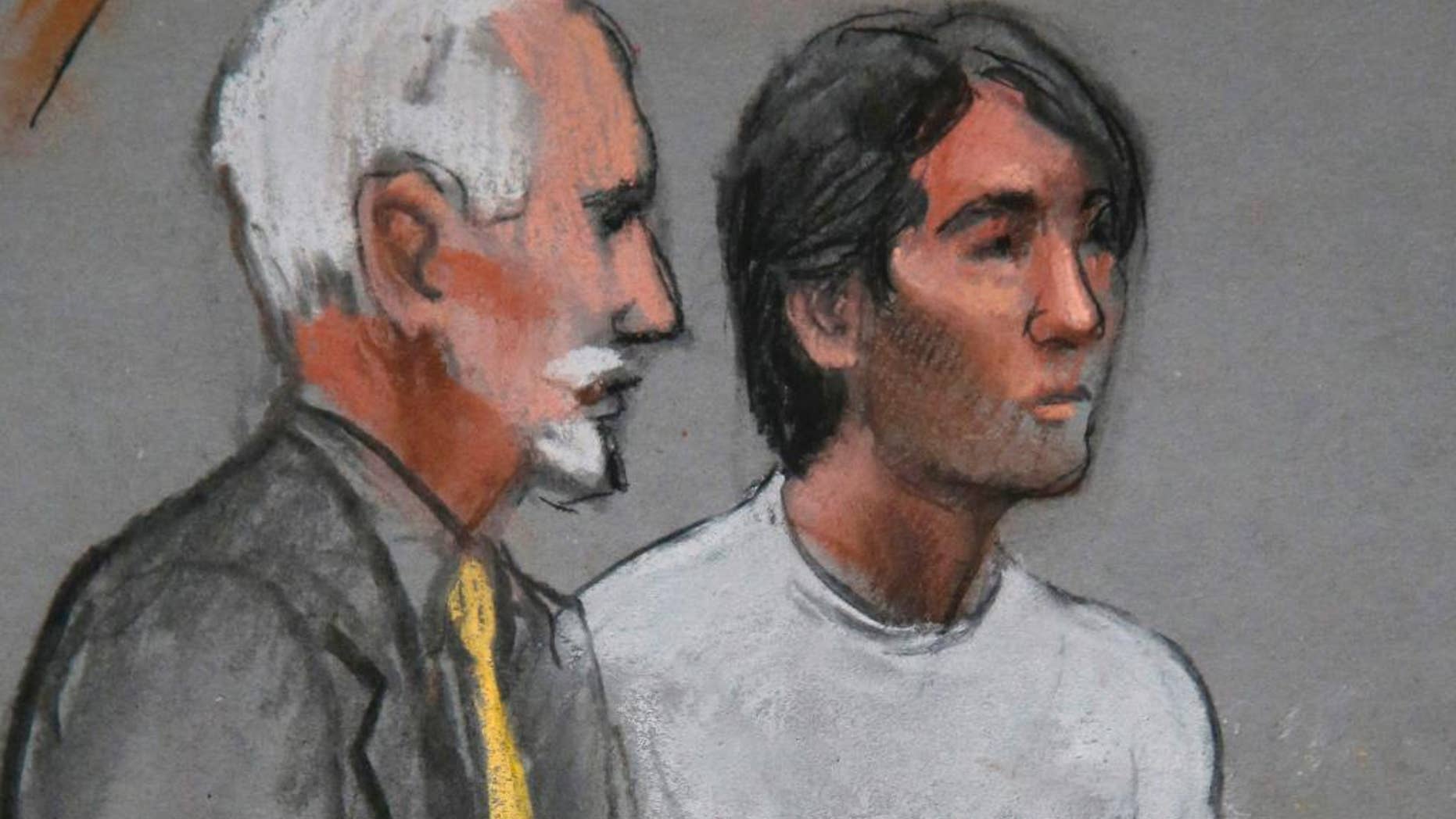 FILE - In this May 30, 2014 file courtroom sketch, Khairullozhon Matanov, right, stands with attorney Paul Glickman in federal court in Boston, facing obstruction of justice charges in the investigation of the Boston Marathon bombings. Matanov is scheduled to appear Tuesday, March 24, 2015, in federal court in Boston for a change of plea hearing. (AP Photo/Jane Flavell Collins, File)
