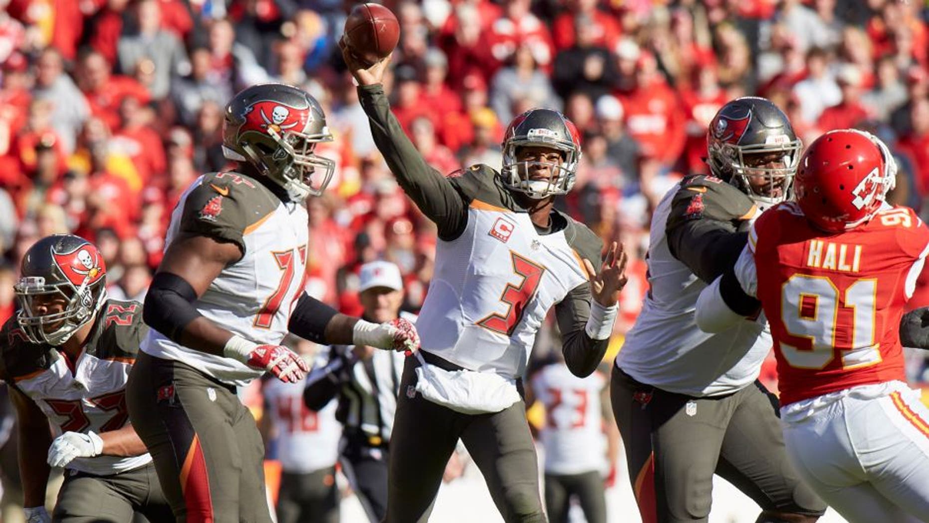 Nov 20, 2016; Kansas City, MO, USA; Tampa Bay Buccaneers quarterback Jameis Winston (3) throws a pass in the first half against the Kansas City Chiefs at Arrowhead Stadium. Mandatory Credit: Gary Rohman-USA TODAY Sports