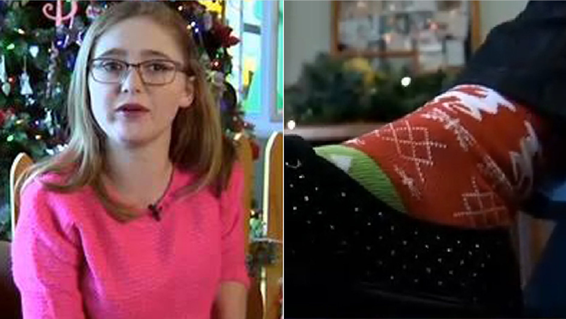 Becca Atherton, left, is battling severe heart and lung issues. Her family has taken to wearing Christmas socks, right, whenever they need hope.