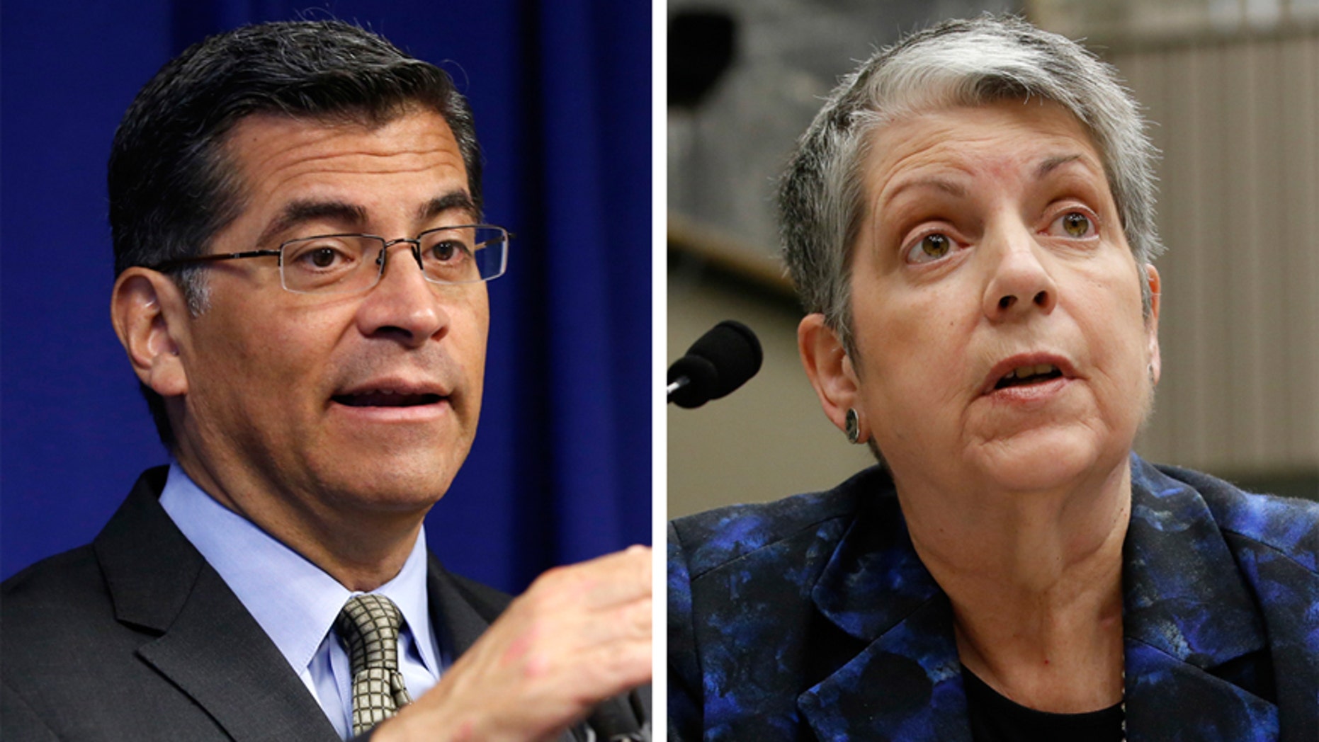 California Attorney General Xavier Becerra (left), University of California President Janet Napolitano