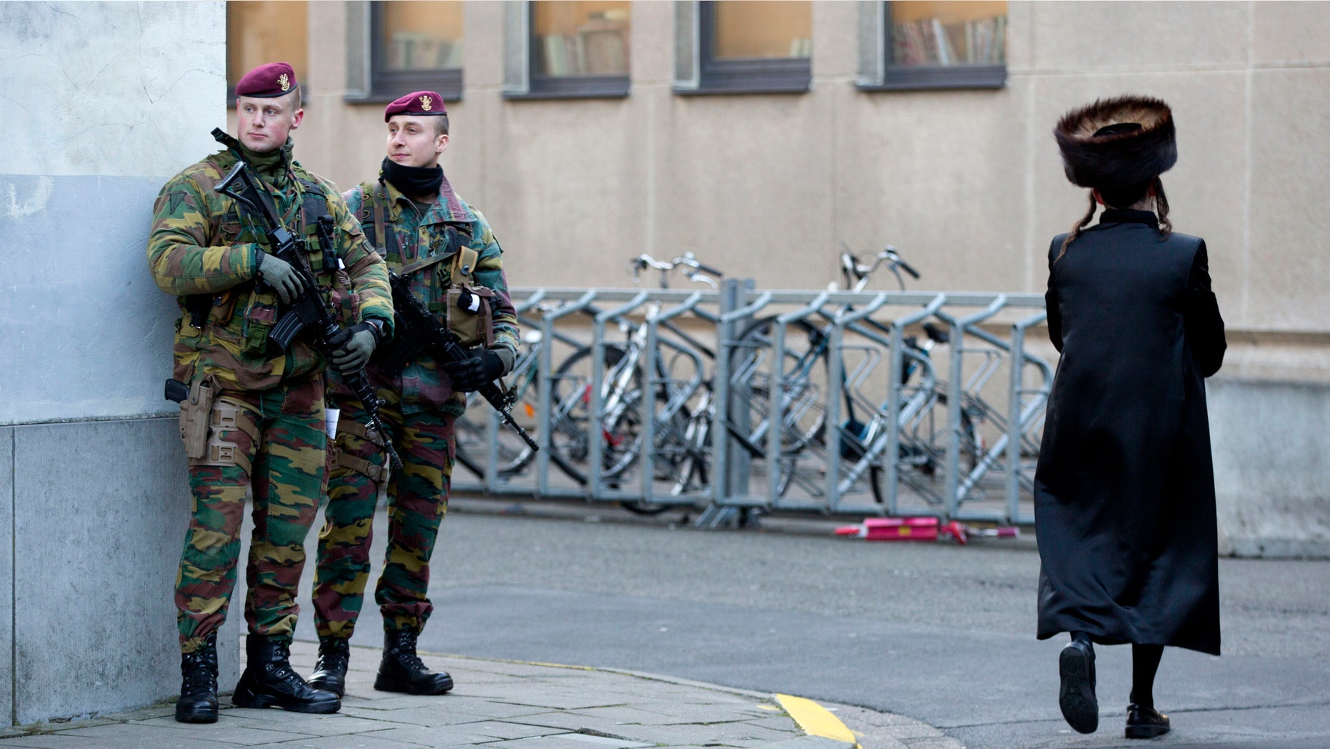 Jan. 17, 2015: Belgian para-commandos patrol near a synagogue in the center of Antwerp, Belgium.