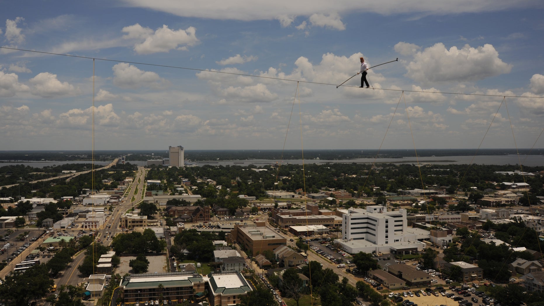 June 21: Comic and daredevil performer Bello Nock walks across a tightrope suspended 32 stories high between spans of the Beau Rivage Resort & Casino in Biloxi, Miss.