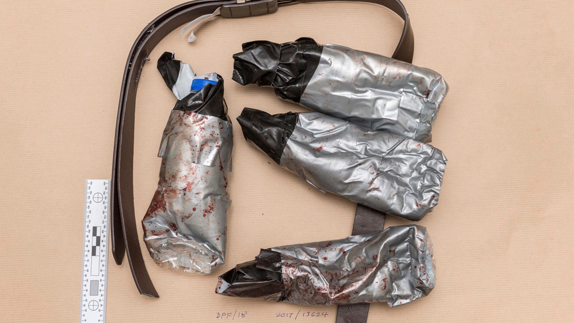 An undated handout photo issued by the Metropolitan Police, London, and made available on Sunday June 11, 2017 of a fake suicide belt worn by one of the London Bridge attackers in the attacks of Saturday June 3 which killed several people and wounded dozens more.