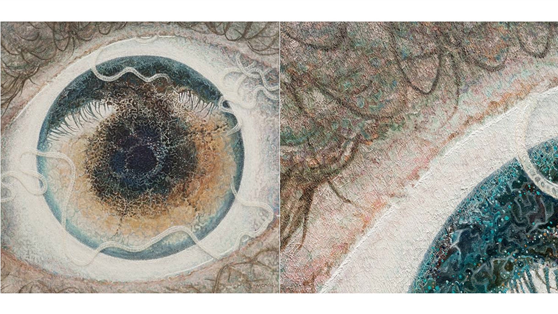 Called "The Host," by contemporary artist Ben Taylor, the striking painting is based on Taylor's personal experience with a parasitic worm called Loa loa, which he discovered crawling through his eye one day in 2015.