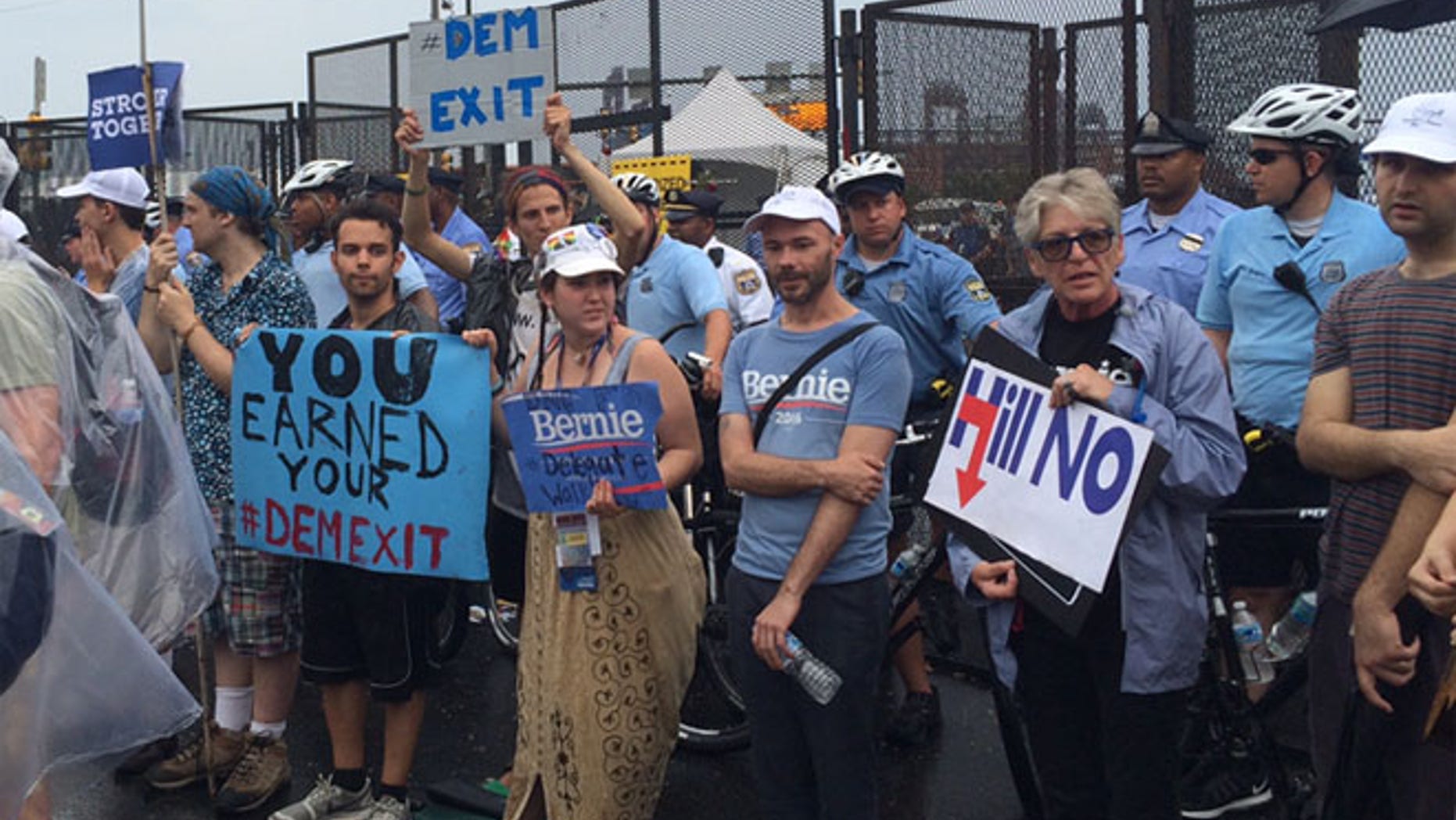 July 28, 2016: Pro-Bernie Sanders protesters demonstrate outside the Democratic National Convention in Philadelphia.
