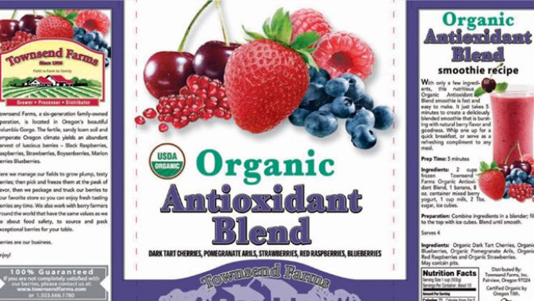 The label of Townsend Farms of Fairview, Ore., Organic Antioxidant Blend, packaged under the Townsend Farms label at Costco and under the Harris Teeter brand at those stores.