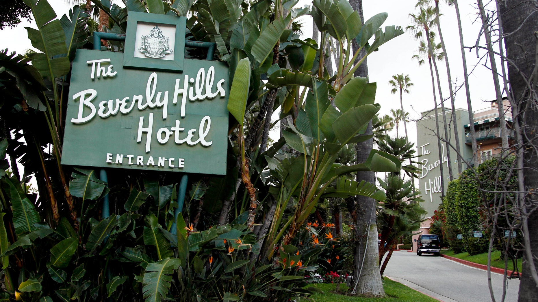 April 25, 2012. The entrance to the Beverly Hills Hotel is seen in Beverly Hills, Calif.