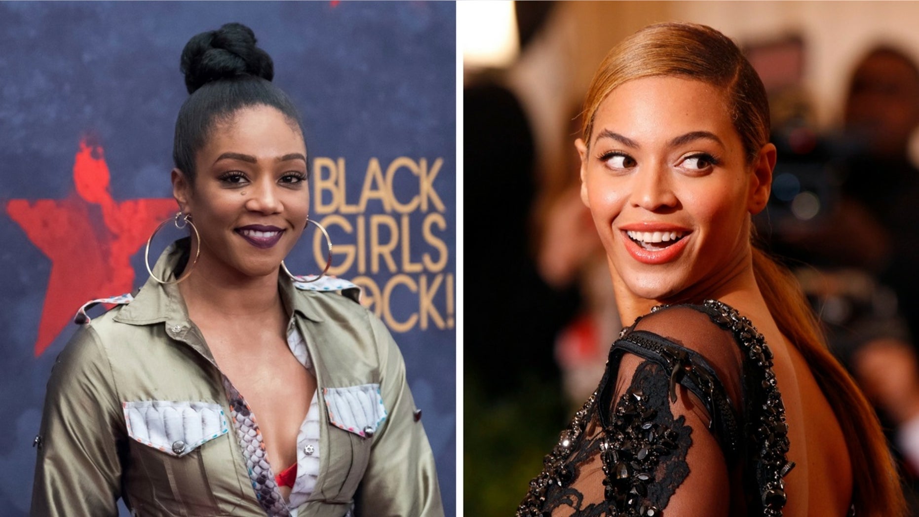 Tiffany Haddish, left, claims an unidentified actress bit Beyonce in the face at a party.