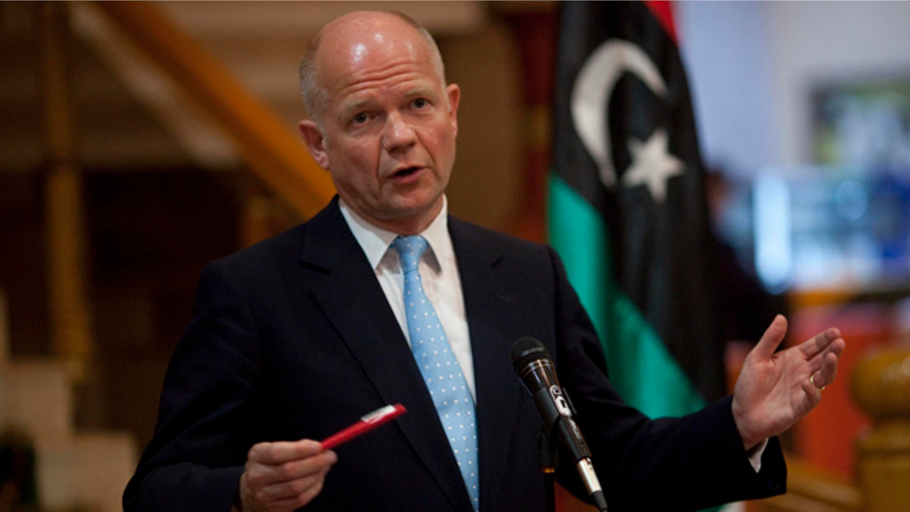 May 4: British Foreign Secretary William Hague gestures during a press conference in the rebel stronghold of Benghazi, Libya.