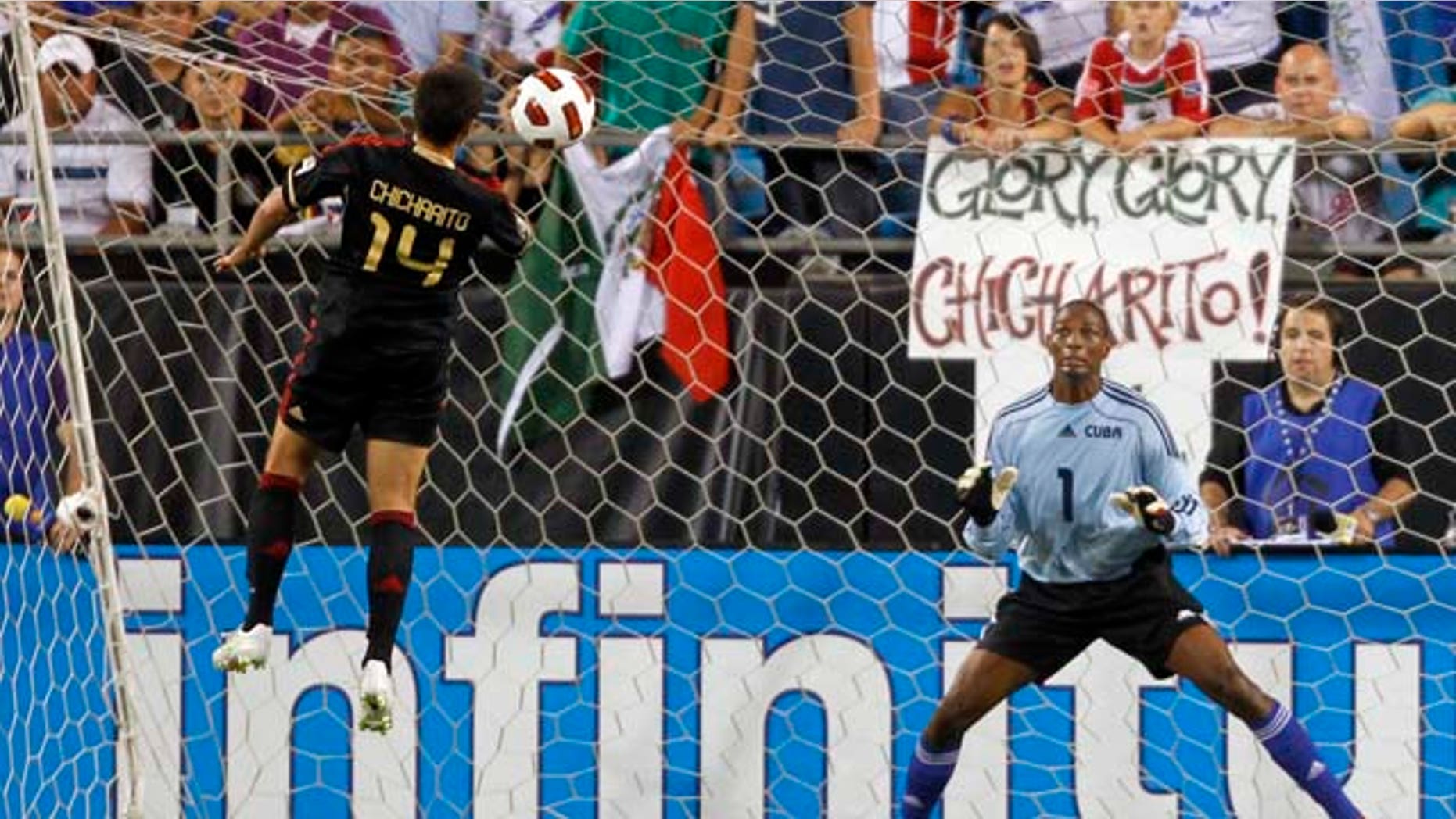 Javier "Chicharito" Hernandez of El Tri scoring a goal against Cuba on June 9, 2011.