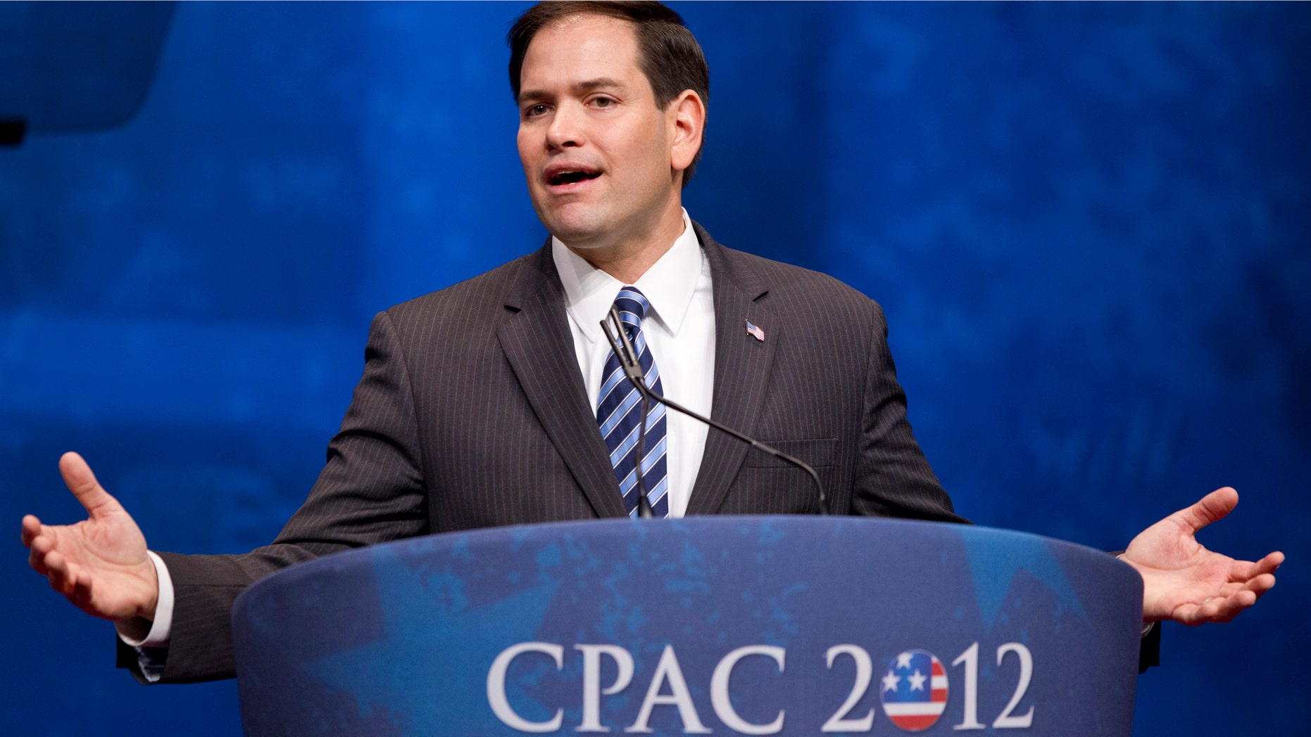 FILE - In this Feb. 9, 2012, file photo, Sen. Marco Rubio, R-Fla., addresses the Conservative Political Action Conference in Washington. Rubio endorsed Mitt Romney as the party's presidential nominee Wednesday, March 28, 2012, saying it's increasingly clear that Romney will win the nomination and that continuing the primary fight will only damage the effort to defeat President Barack Obama. (AP Photo/J. Scott Applewhite, File)