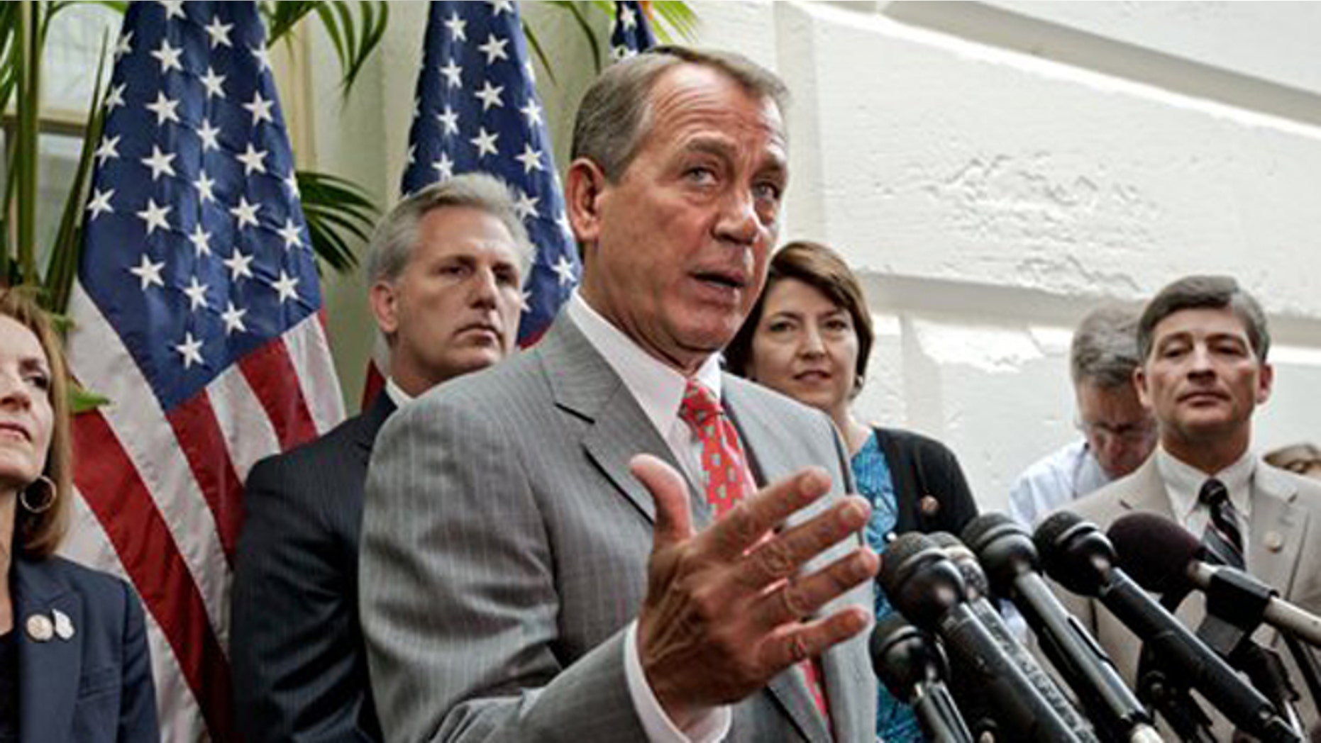 FILE - In this July 10, 2012, file photo, House Speaker John Boehner, R-Ohio, speak to the media at the Capitol in Washington, as Rep. Nan Hayworth, R-NY., House Majority Whip Kevin McCarthy, R-Calif., House Speaker John Boehner, Rep. Cathy McMorris Rodgers, R-Wash., and Rep. Jeb Hensarling, R-Texas, listen. Senate-passed bills to cut farm subsidies and food stamps and overhaul the financially distraught Postal Service have been put on hold by House Republican leaders wary of igniting internal party fights or risking voters' ire three months before the election. (AP Photo/J. Scott Applewhite)