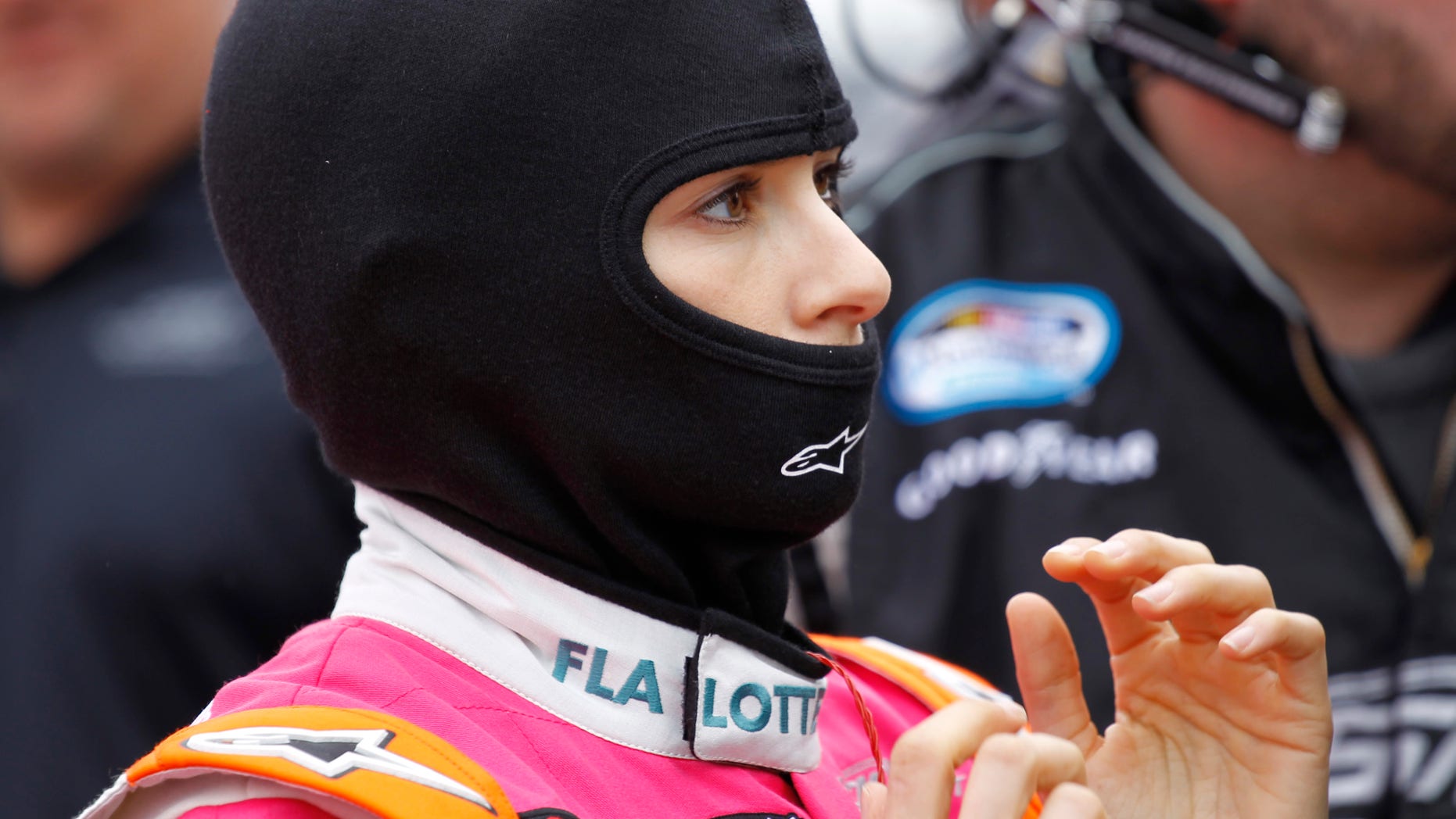 Danica Patrick prepares for the NASCAR Nationwide series auto race at Daytona International Speedway in Daytona Beach, Fla., Saturday, Feb. 22, 2014. (AP Photo/Terry Renna)