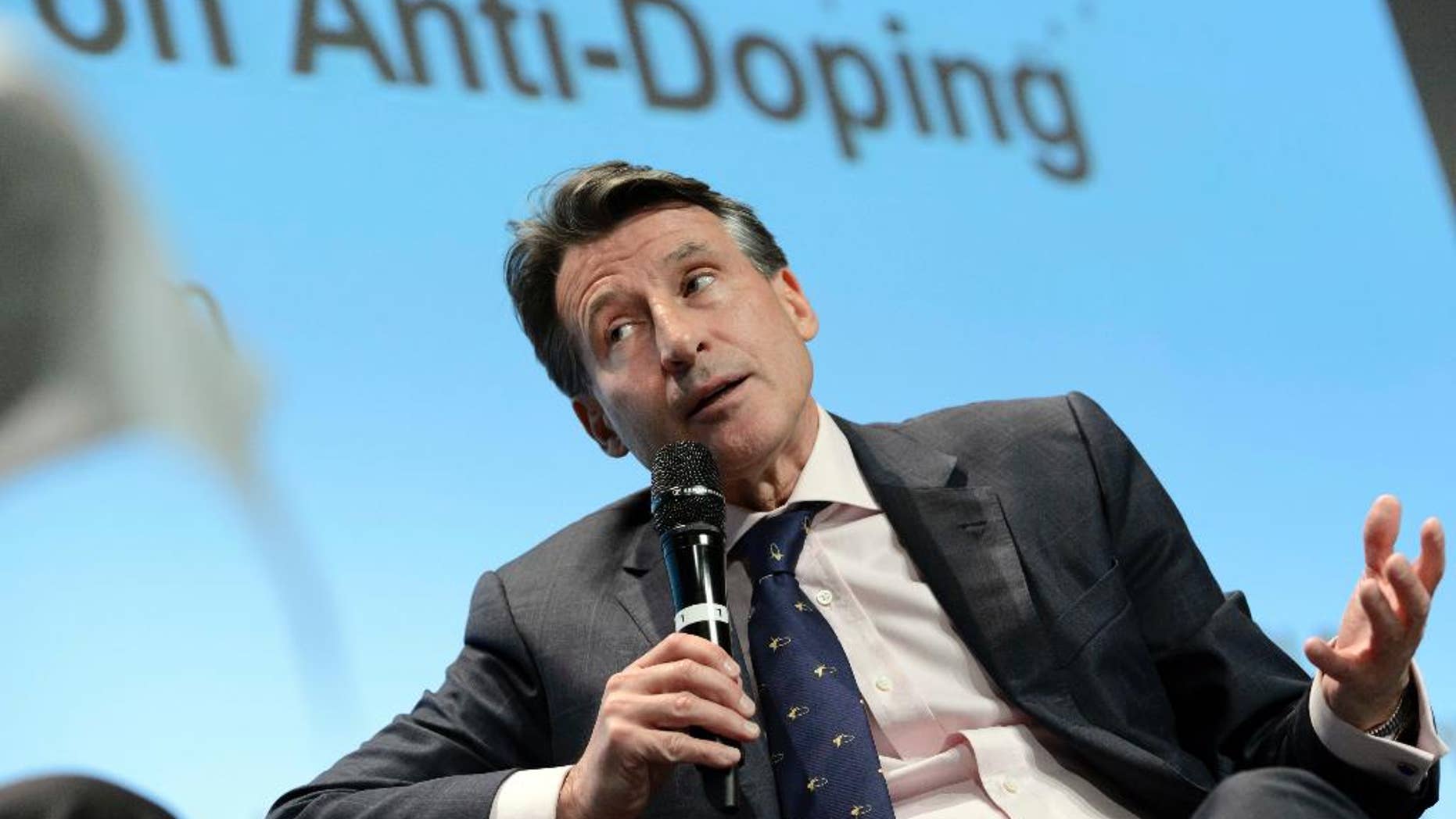FILE - In this Monday, March 14, 2016 file photo, International Association of Athletics Federations, IAAF, president Britain's Lord Sebastian Coe speaks during the WADA Symposium for Anti-Doping Organizations (ADOs), in Lausanne, Switzerland. Russia will learn on Friday, June 17, 2016 if its track and field athletes will be allowed to compete at the Rio de Janeiro Olympics, as more damning evidence of doping irregularities pour in. The latest WADA report on the obstruction of drug testing in Russia came shortly before the sport's governing body, the IAAF, decides whether to admit Russia's athletes to the Olympics. (Laurent Gillieron/Keystone via AP, File)