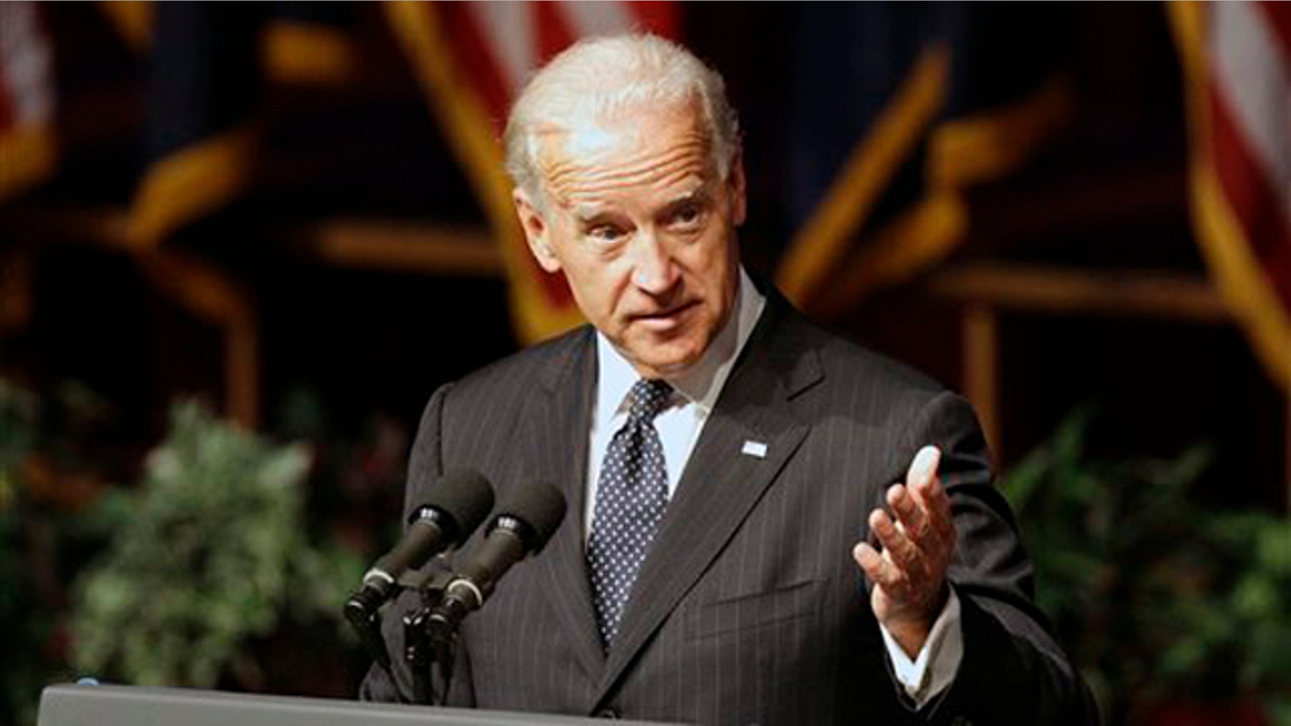 Vice President Joe Biden is shown speaking during funeral services for former U.S. Sen. Ted Stevens Aug. 18 in Anchorage, Alaska. (AP Photo)
