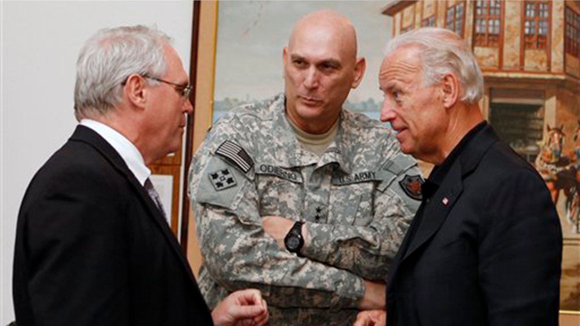 FILE: In this July 3 photo, Gen. Ray Odierno meets with Vice President Biden and U.S. Ambassador to Iraq Christopher Hill at the embassy in Baghdad. (AP Photo)