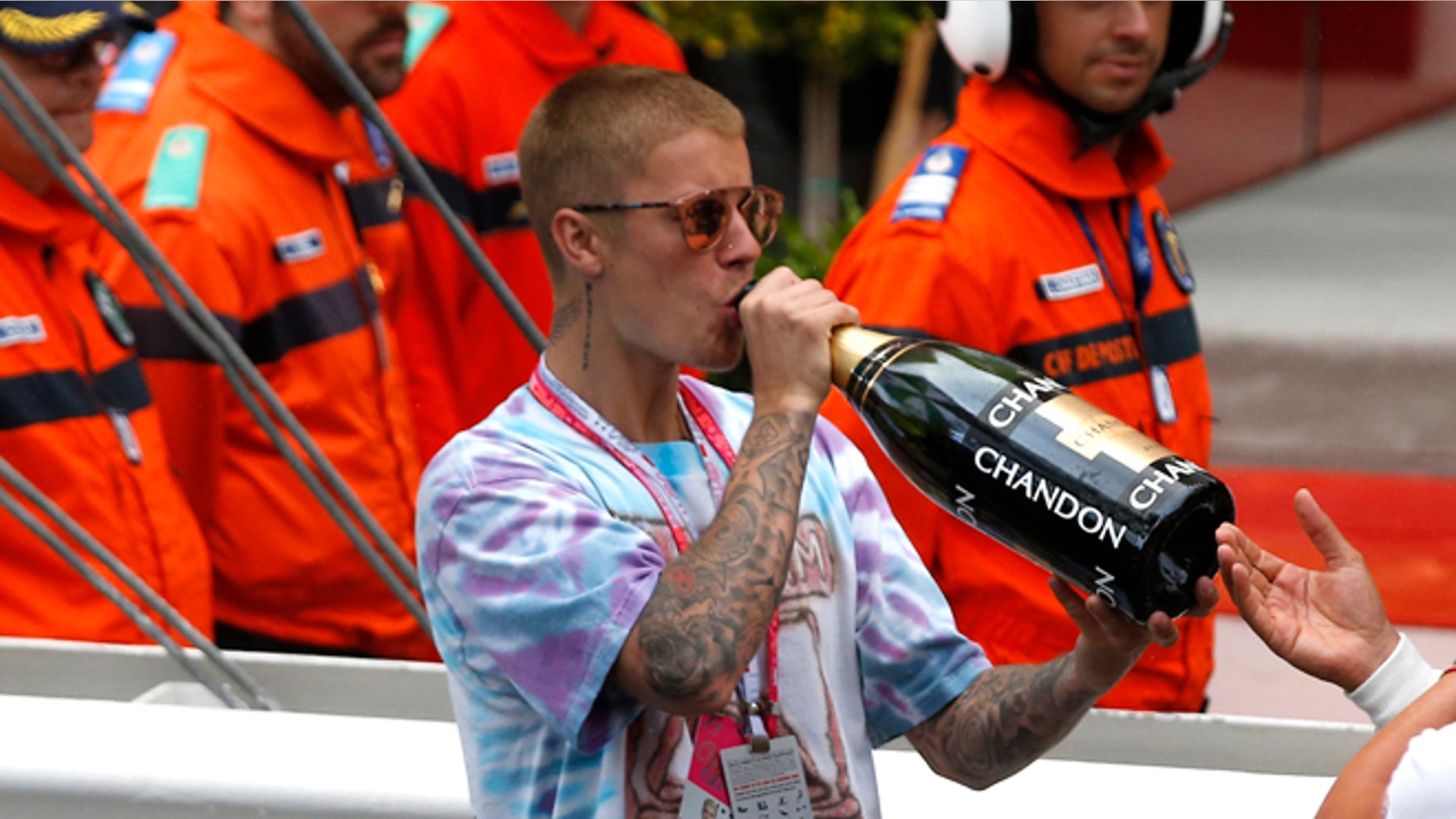 Justin Bieber celebrates at the Monaco Grand Prix in 2016.