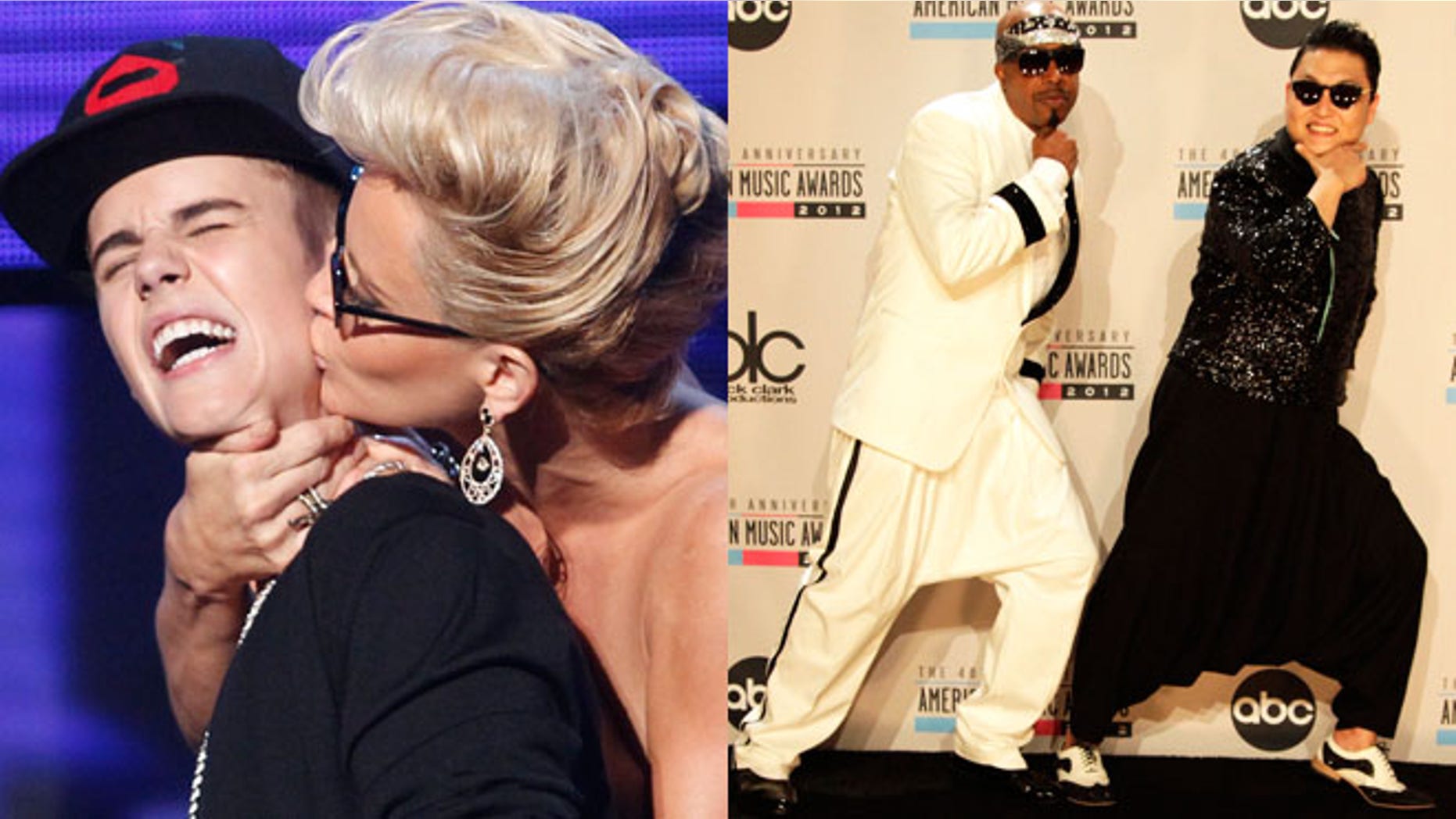 Justin Bieber mugged by Jenny McCarthy; Psy and MC hammer pose on the red carpet.