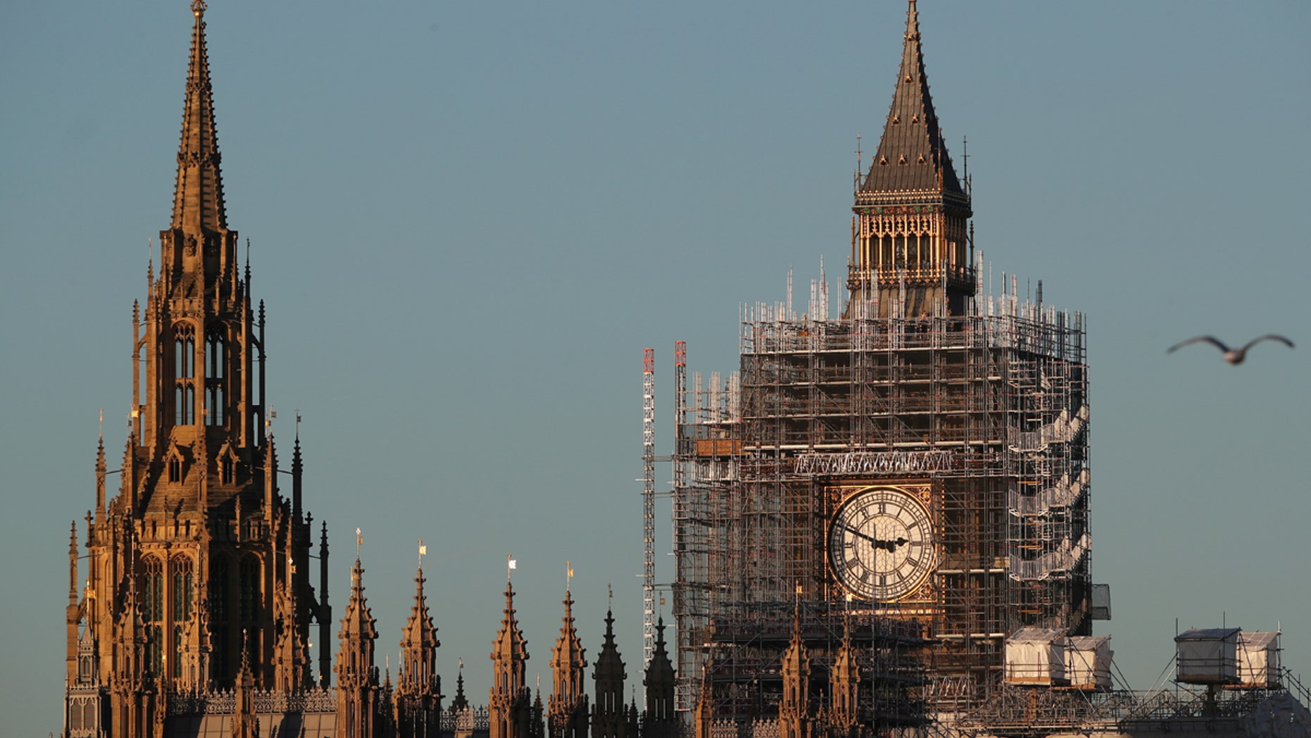 The Big Ben clocktower is surrounded in scaffolding in London, December 28, 2017.