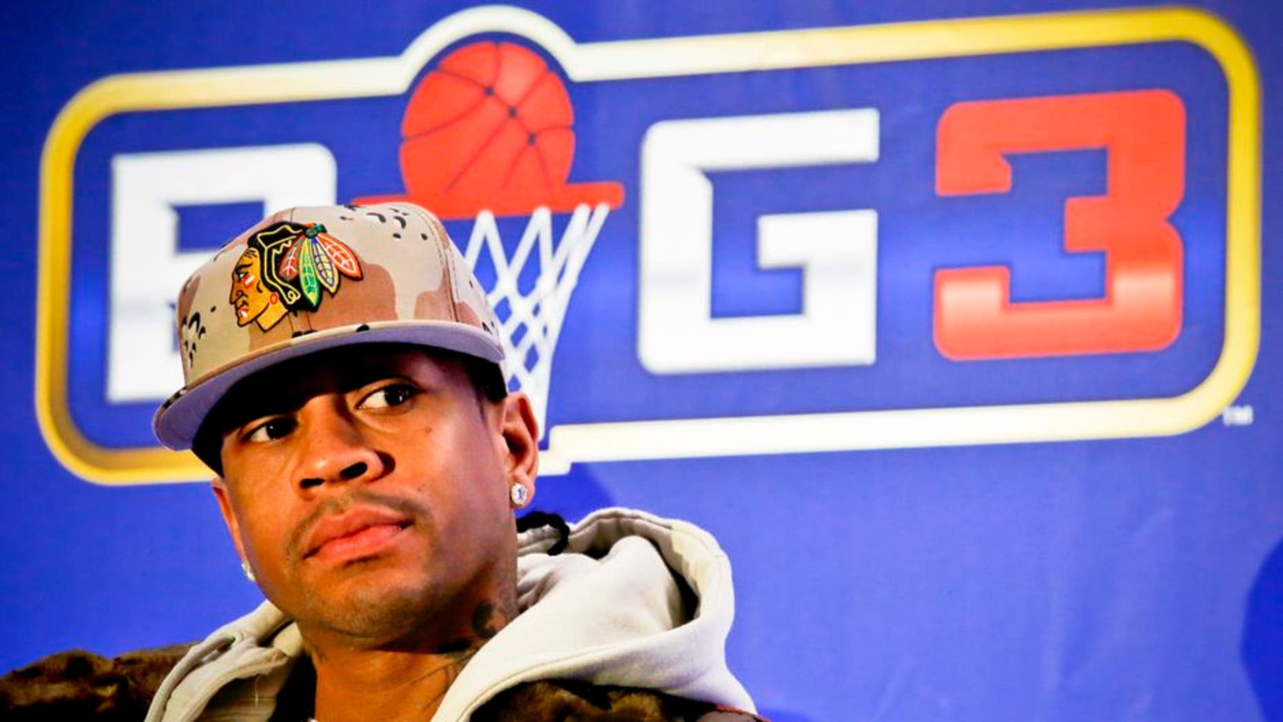Former NBA player Allen Iverson listens during a press conference launching the "BIG3, a 3-on-3 half-court professional basketball league for retired players, Wednesday Jan. 11, 2017, in New York. Iverson will coach a team and play in the new league. (AP Photo/Bebeto Matthews)