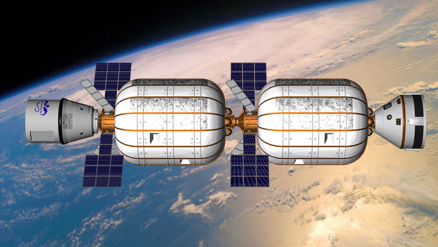 An artist's illustration of two privately built Bigelow Aerospace B330 expandable habitats joined together in Earth orbit.