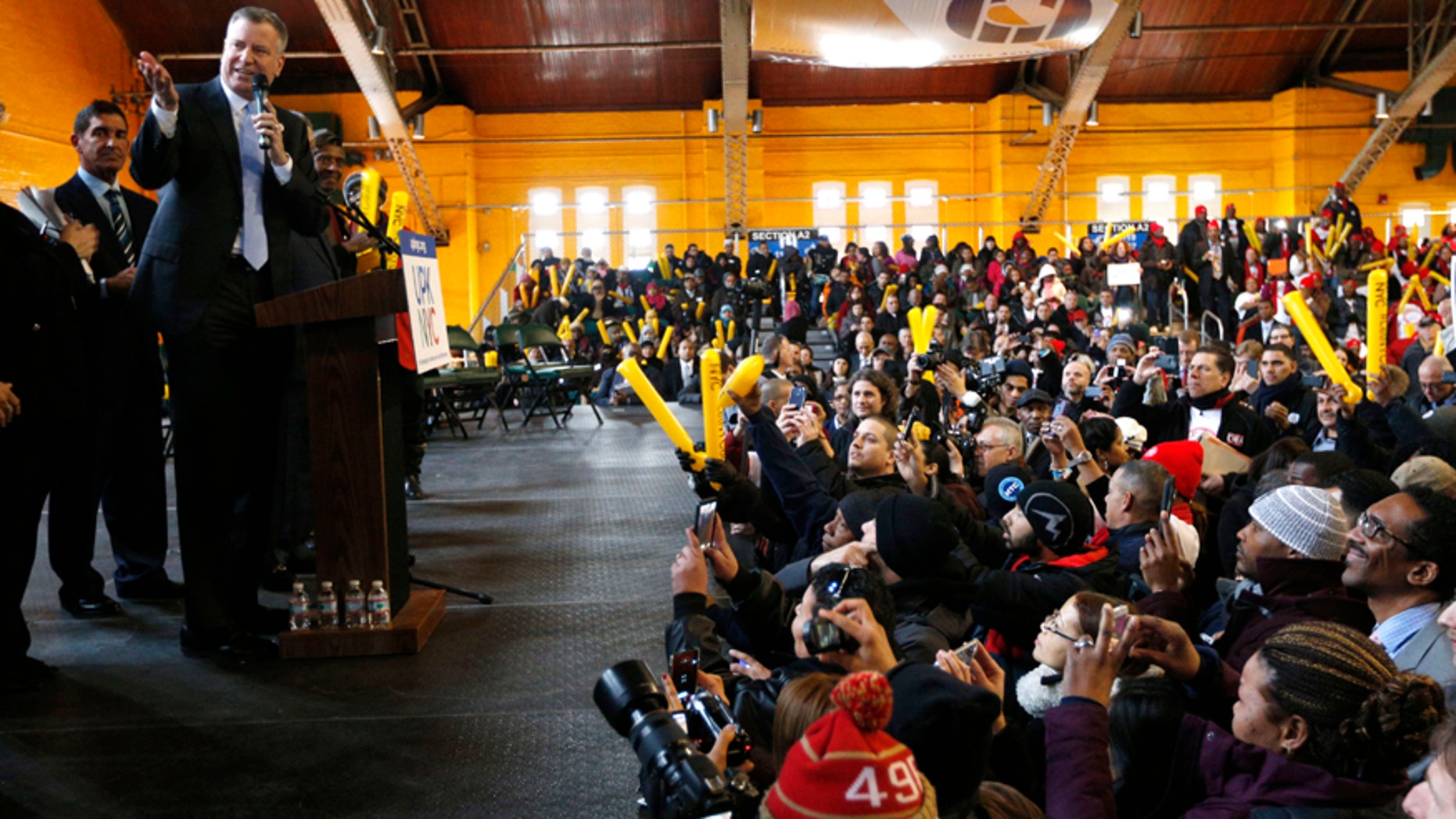 New York City Mayor Bill de Blasio speaks during a Pre K rally at the Washington Avenue Armory on Tuesday, March 4, 2014, in Albany, N.Y.